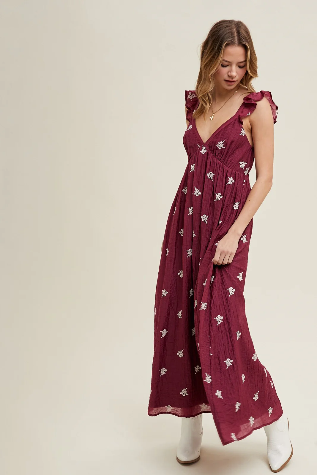 Wine Floral Embroidered V-Neck Maternity Midi Dress - Image 4