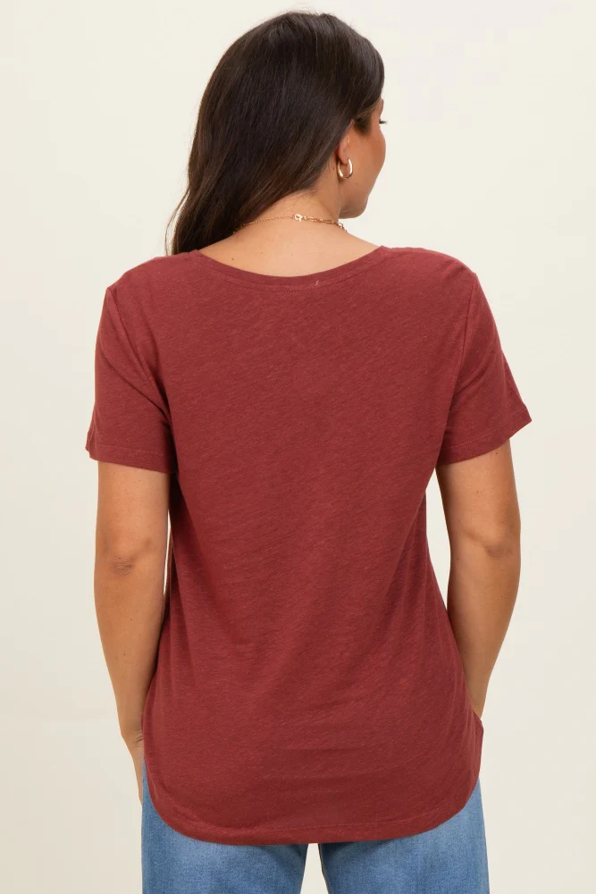 Wine Linen Blend V-Neck Short Sleeve Maternity T-Shirt - Image 3