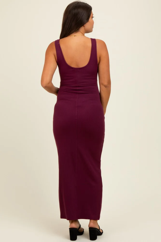 Wine Scoop Neck Sleeveless Rayon Rib Maternity Maxi Knit Dress - Image 4