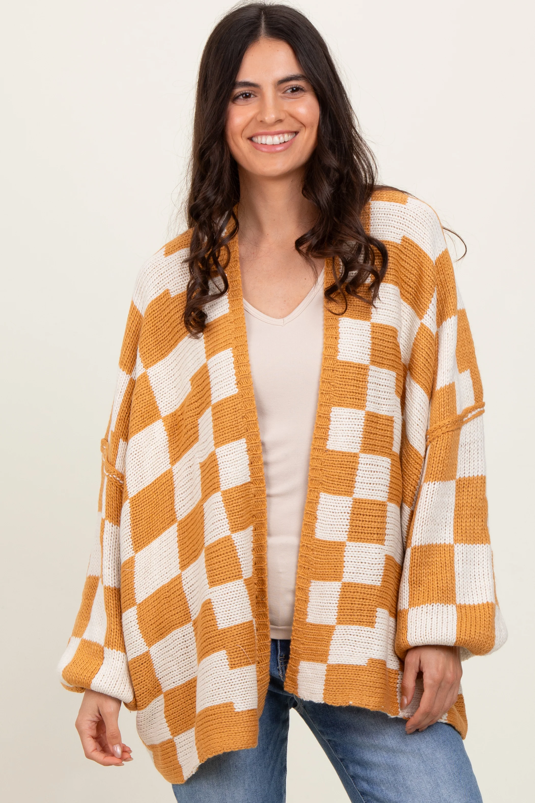 Yellow Checkered Oversized Maternity Cardigan - Image 4