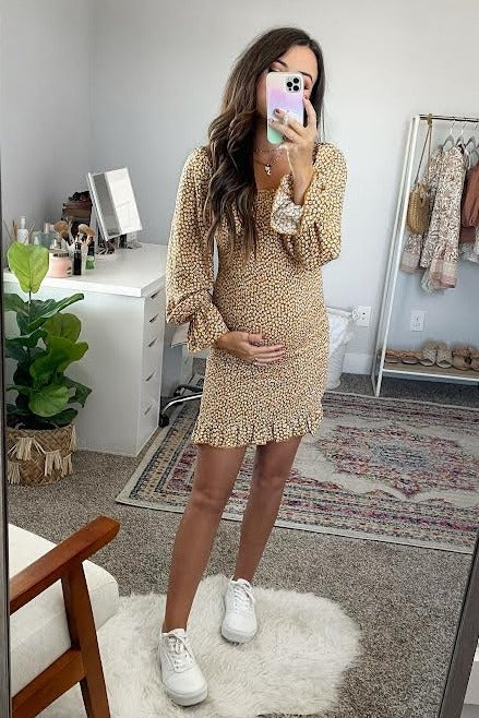 Yellow Ditsy Floral Smocked Long Sleeve Maternity Mini Dress - Image 14