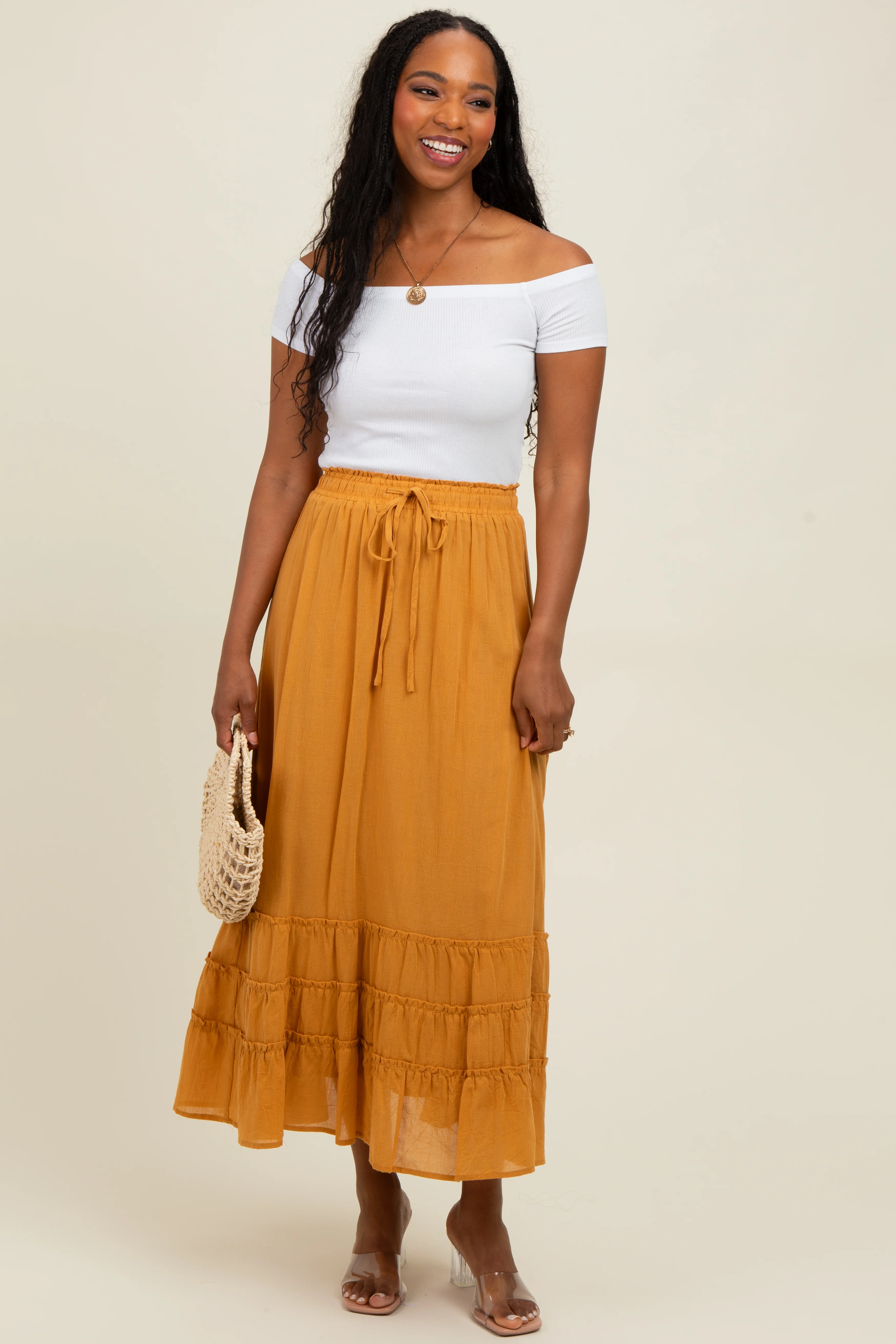 Yellow Drawstring Layered Ruffle Hem Maternity Maxi Skirt - Image 5