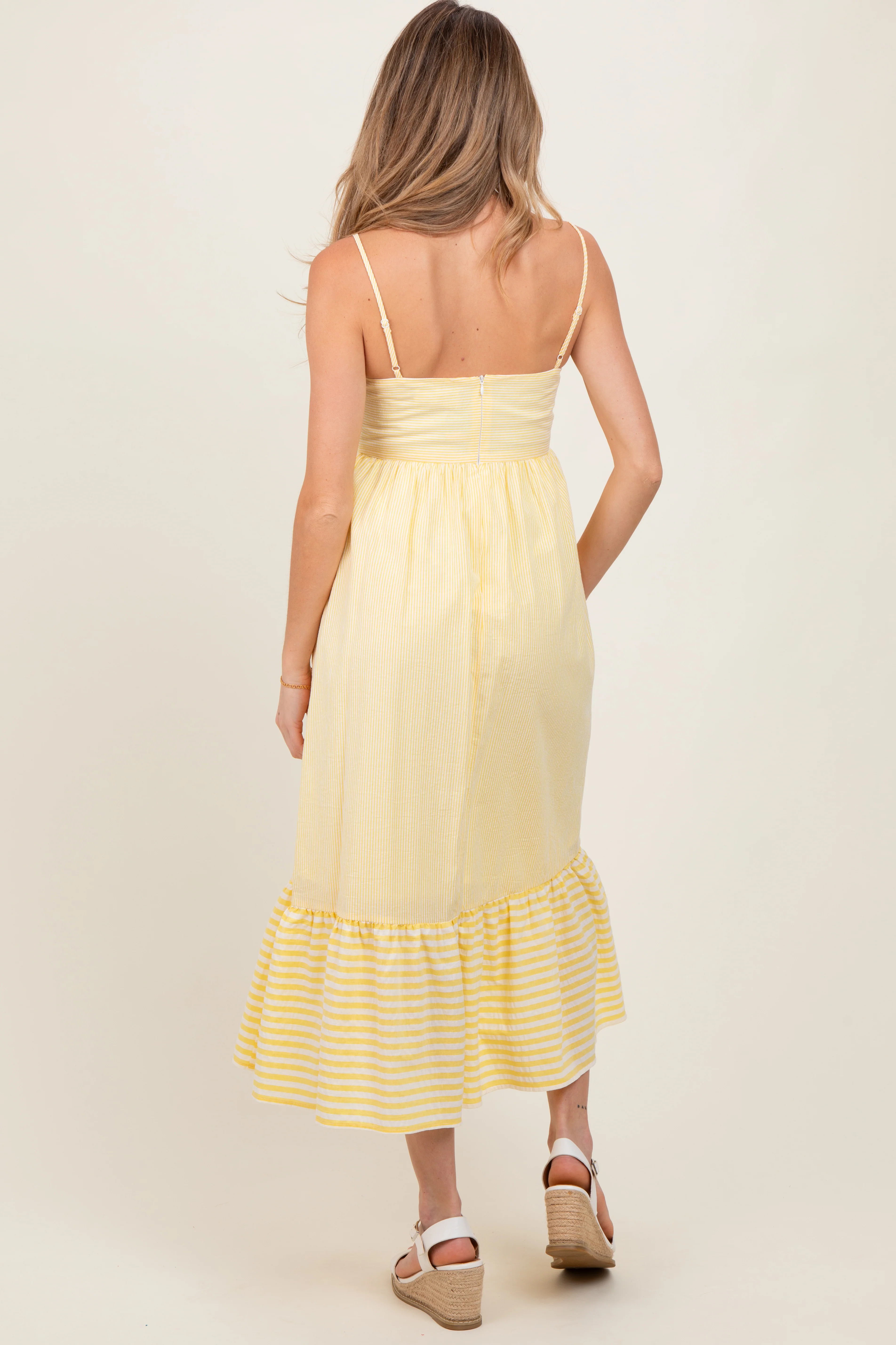 Yellow Embroidered Striped Colorblock Maternity Midi Dress - Image 4
