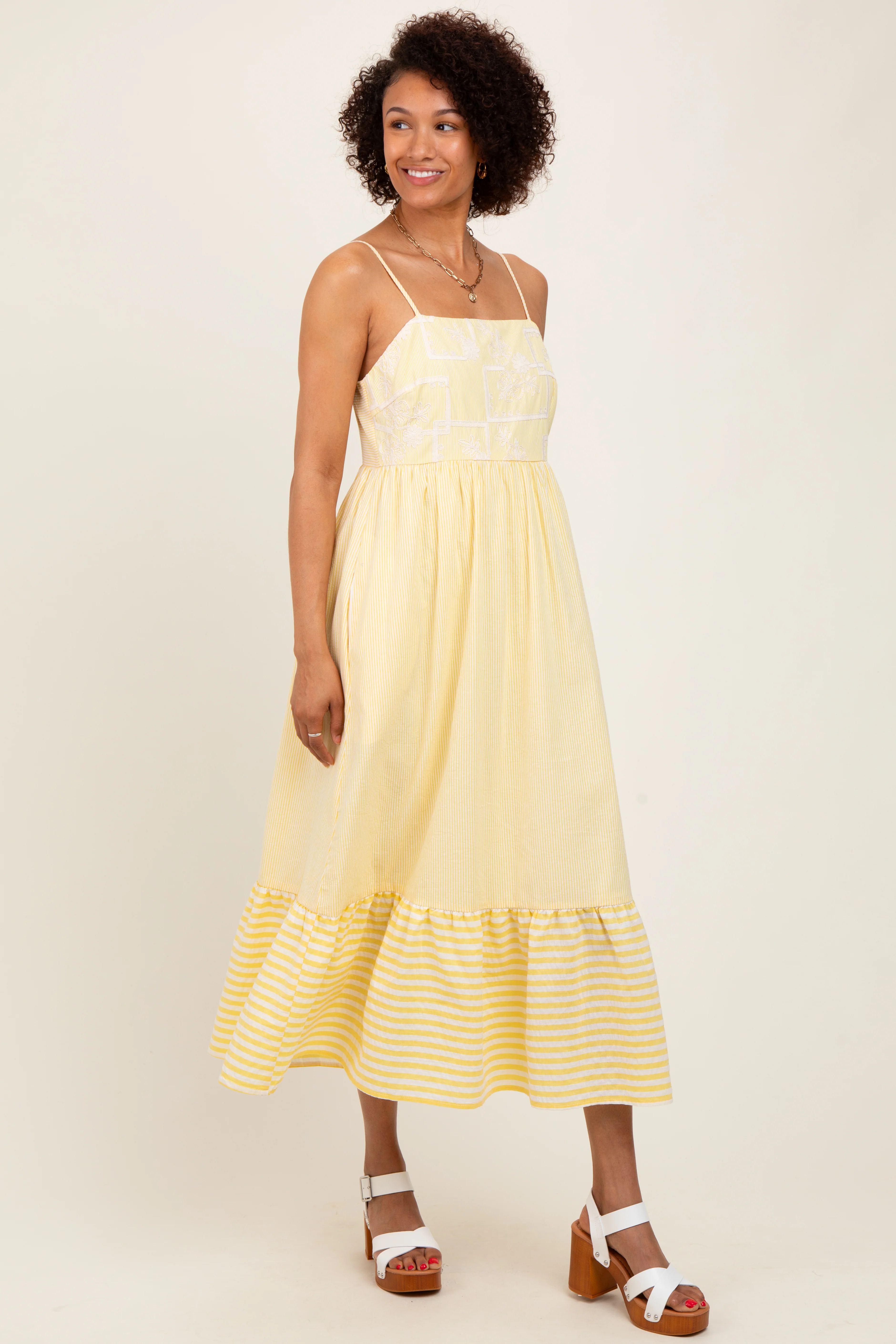 Yellow Embroidered Striped Colorblock Midi Dress - Image 3