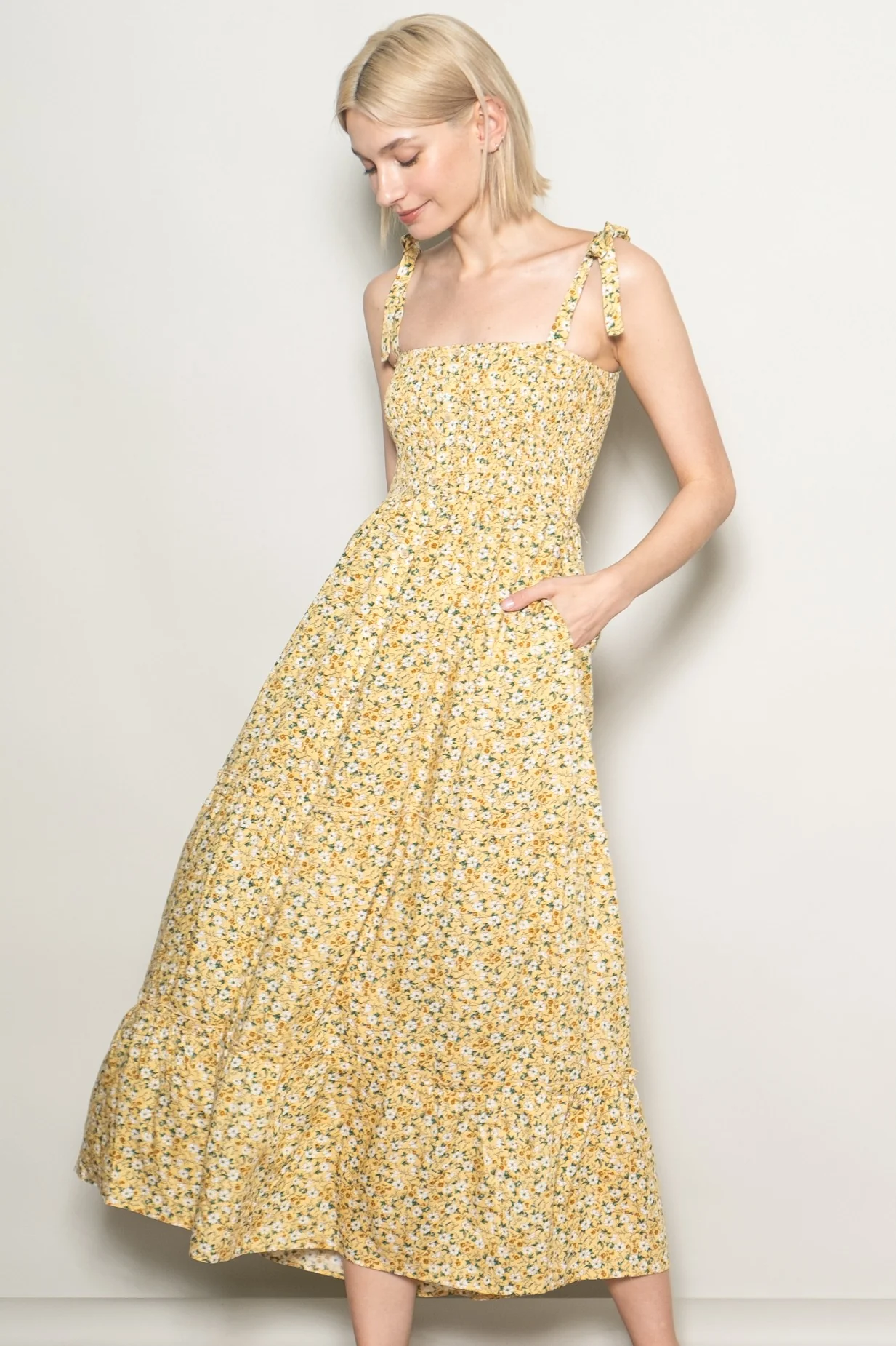 Yellow Floral Button Down Shoulder Tie Maternity Maxi Dress - Image 5