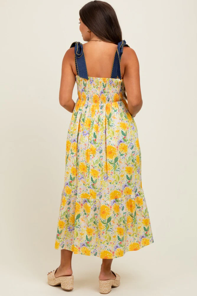 Yellow Floral Contrast Shoulder Tie Maternity Midi Dress - Image 4