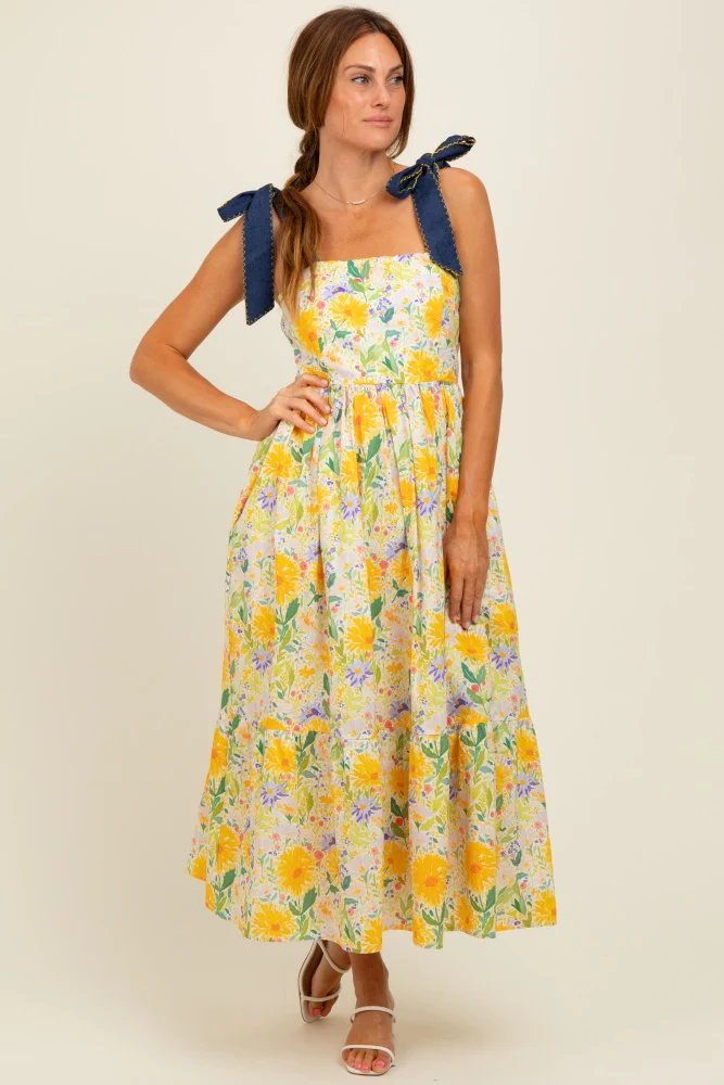 Yellow Floral Contrast Shoulder Tie Maternity Midi Dress - Image 5
