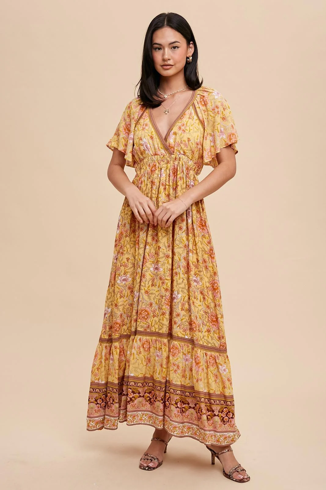 Yellow Floral Flounce Sleeve Maternity Maxi Dress - Image 3