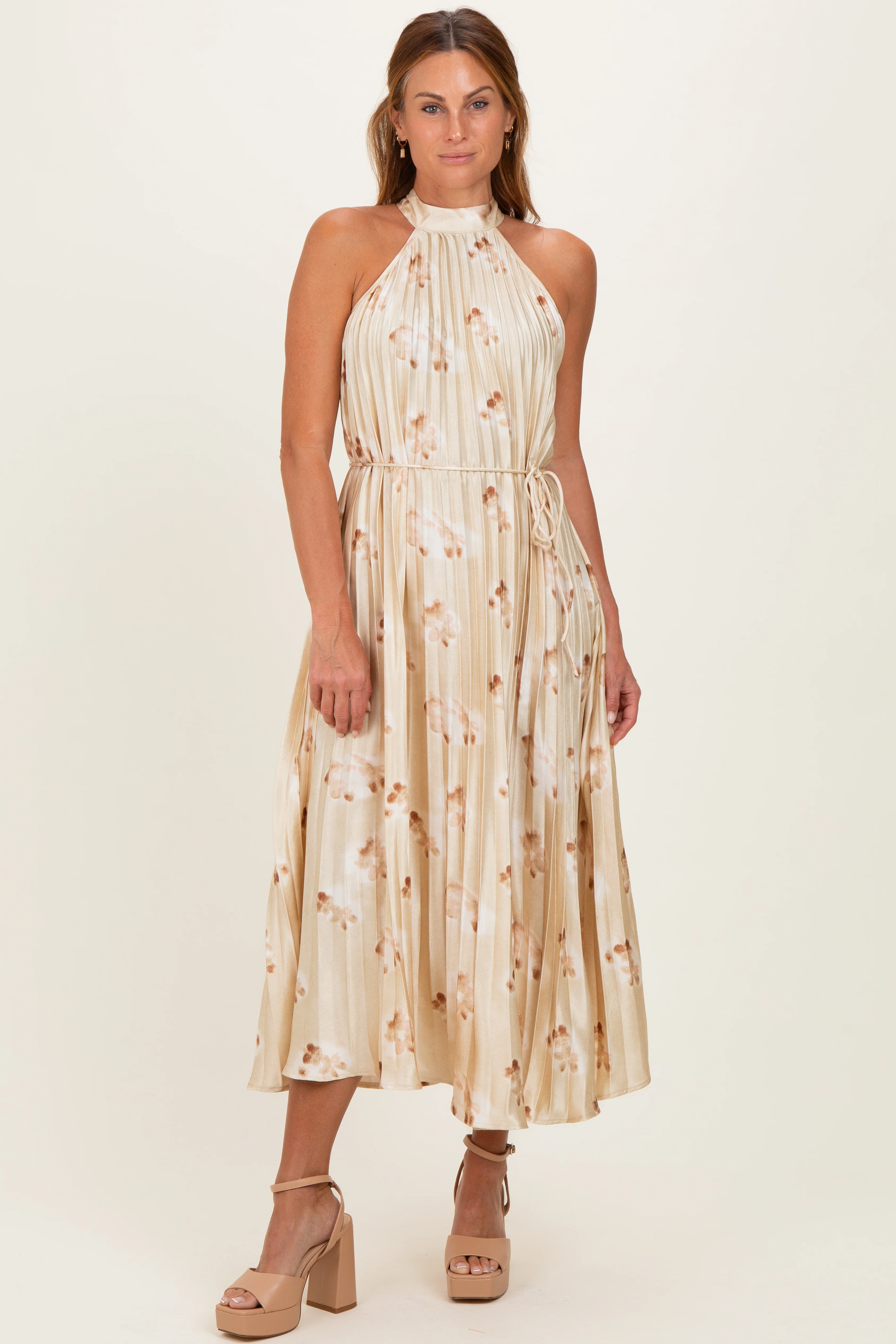 Yellow Floral Pleated Halter Maternity Midi Dress - Image 5