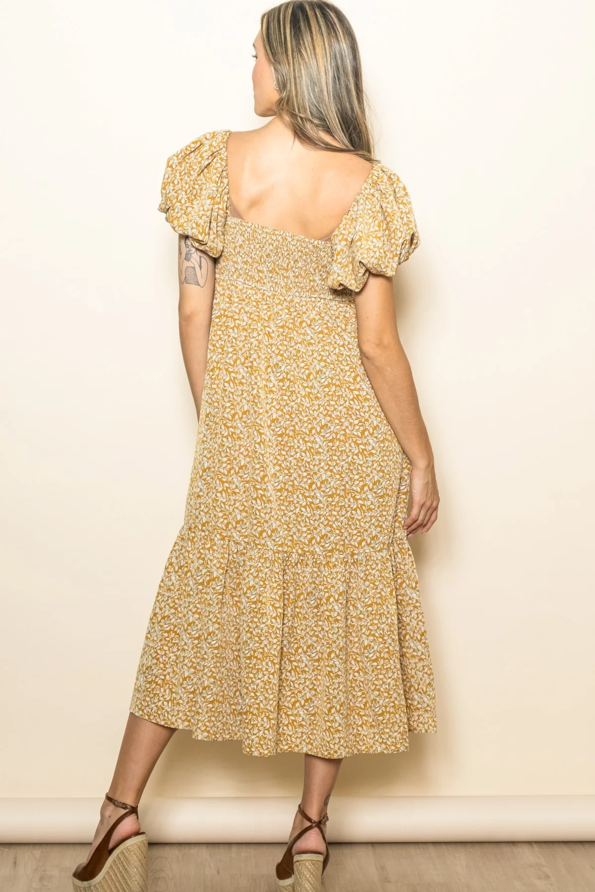 Yellow Floral Puffed Sleeve Midi Dress - Image 3