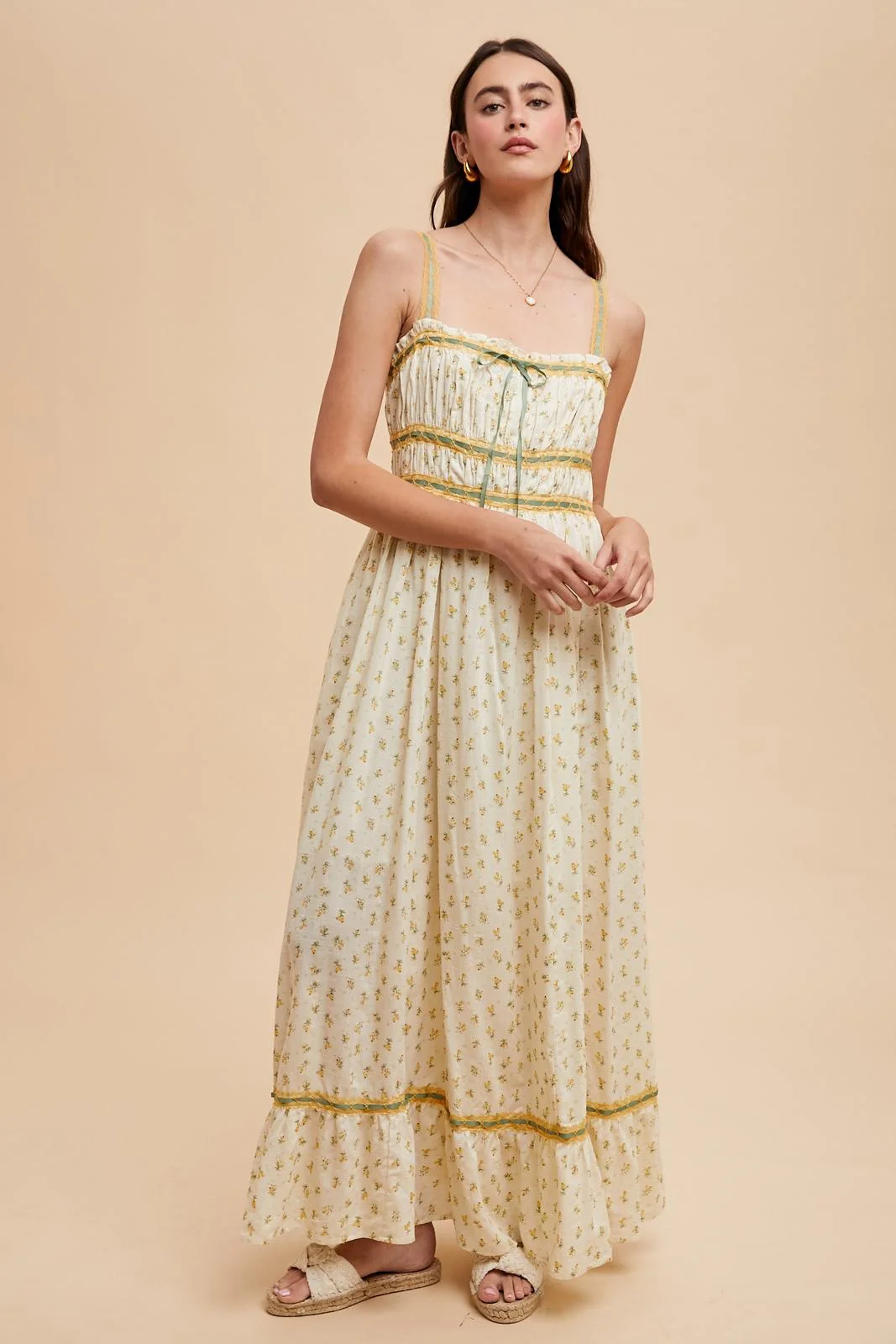 Yellow Floral Ribbon Detail Sleeveless Maxi Dress