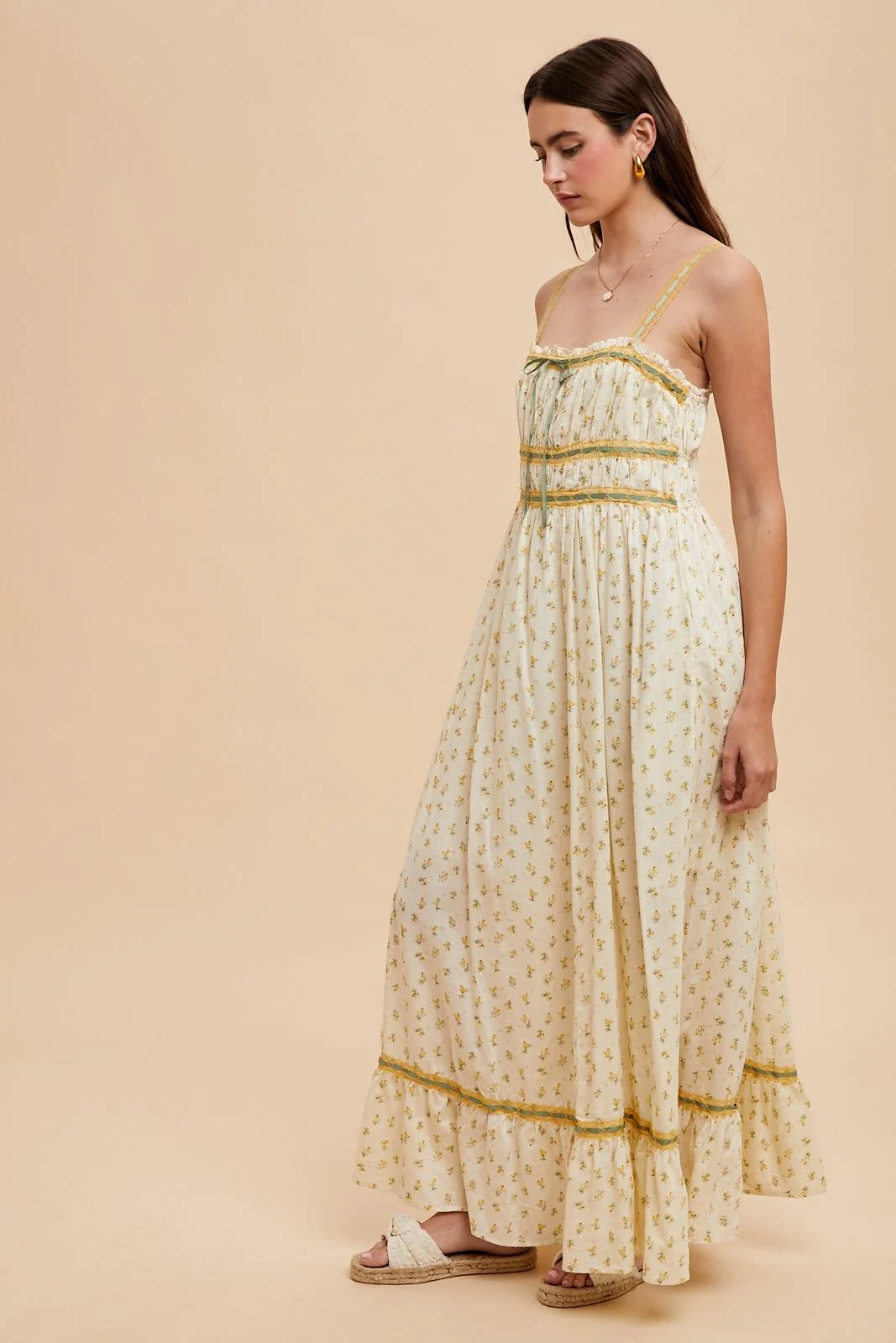 Yellow Floral Ribbon Detail Sleeveless Maxi Dress - Image 3