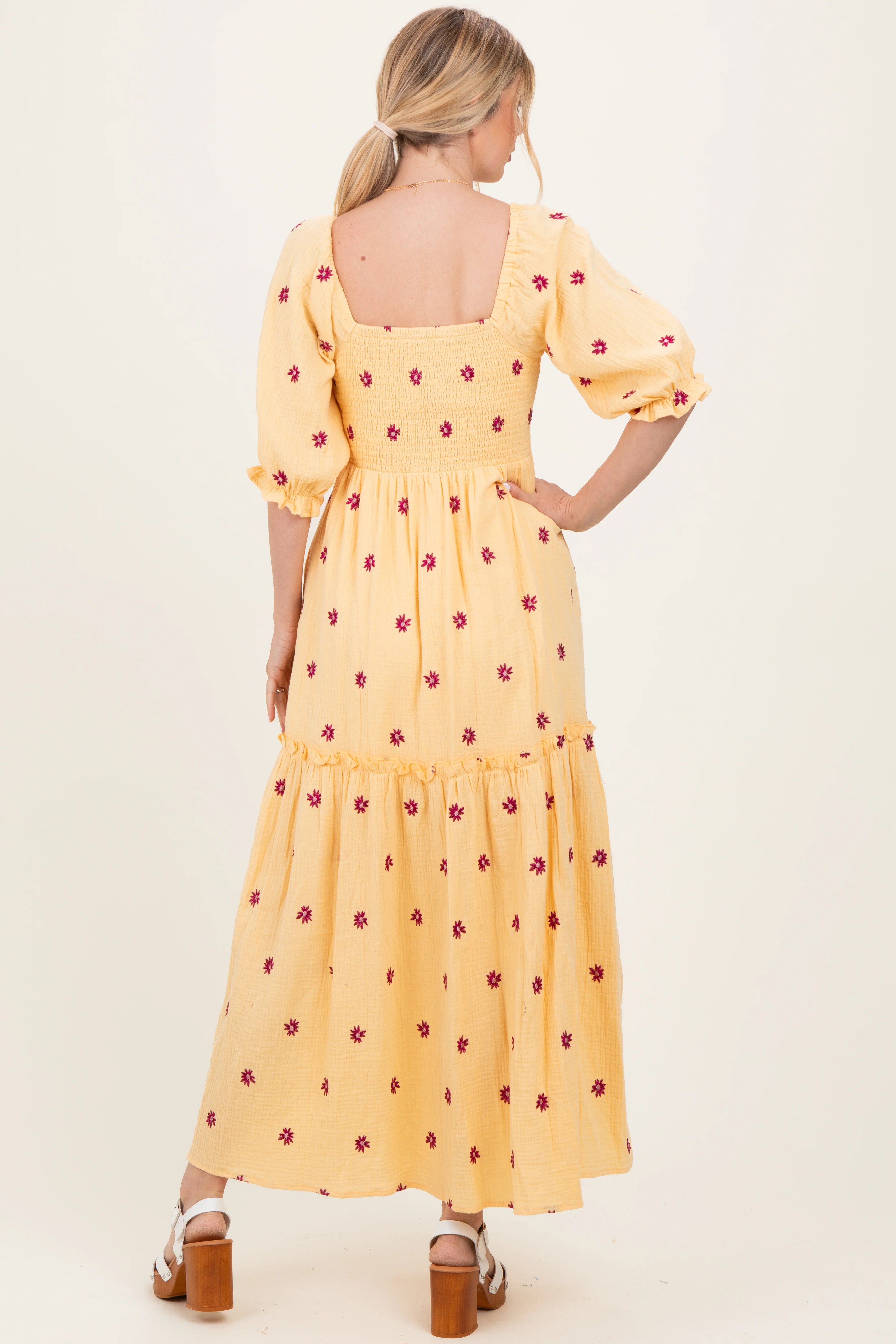 Yellow Floral Smocked Puff Sleeve Maxi Dress - Image 4