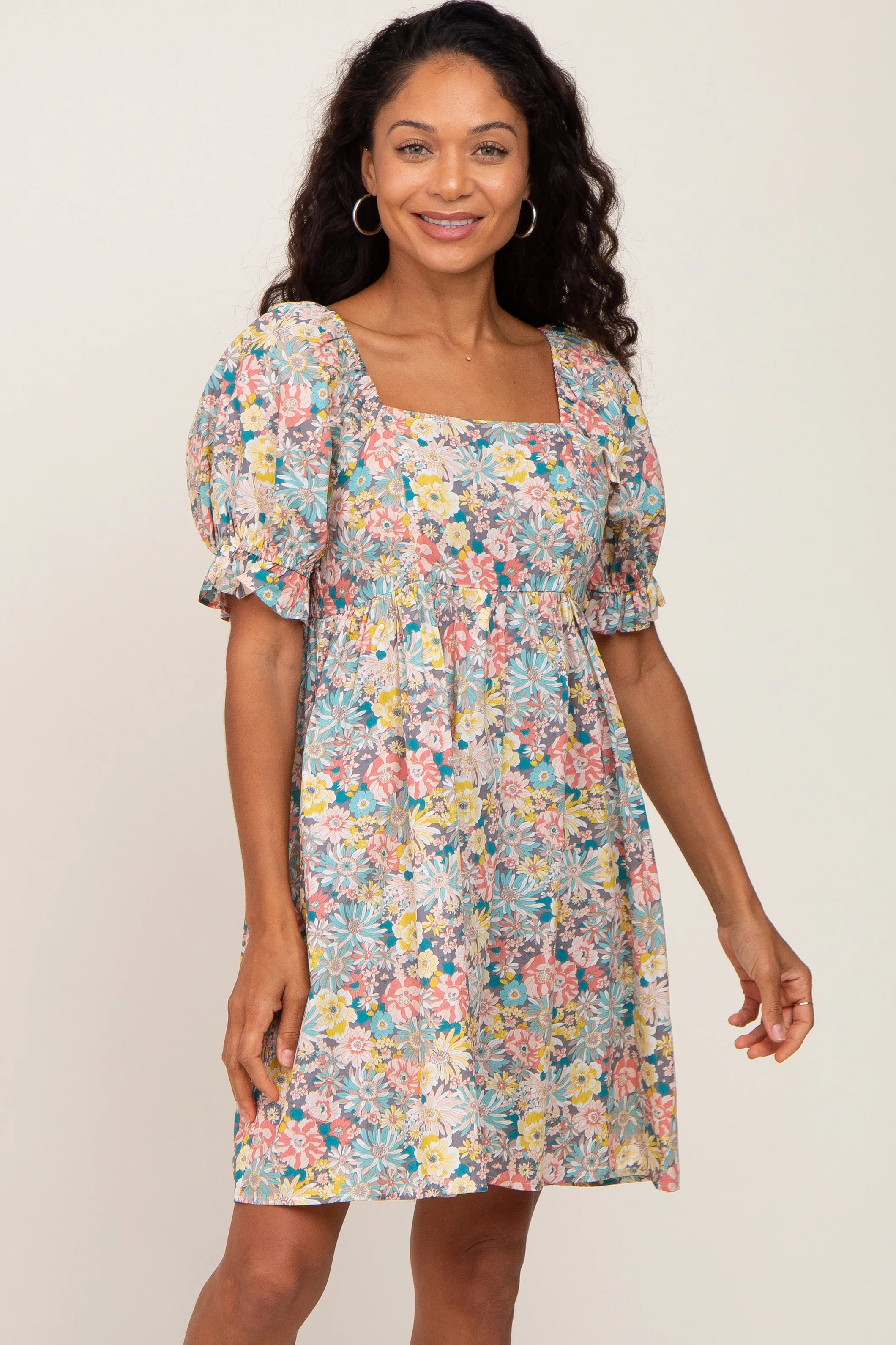 Yellow Floral Square Neck Short Puff Sleeve Maternity Dress - Image 5