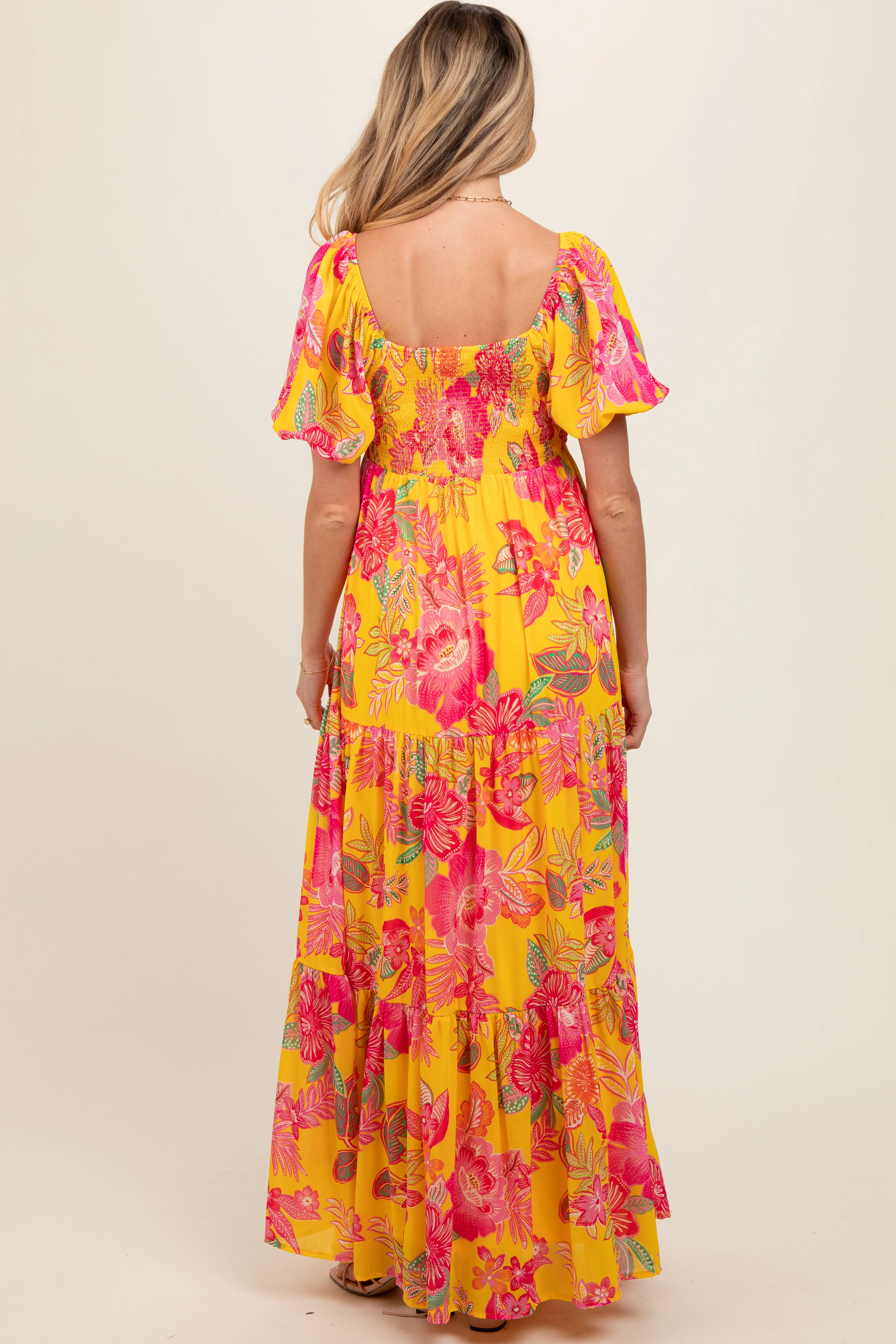Yellow Floral Sweetheart Neck Tiered Maternity Maxi Dress - Image 4