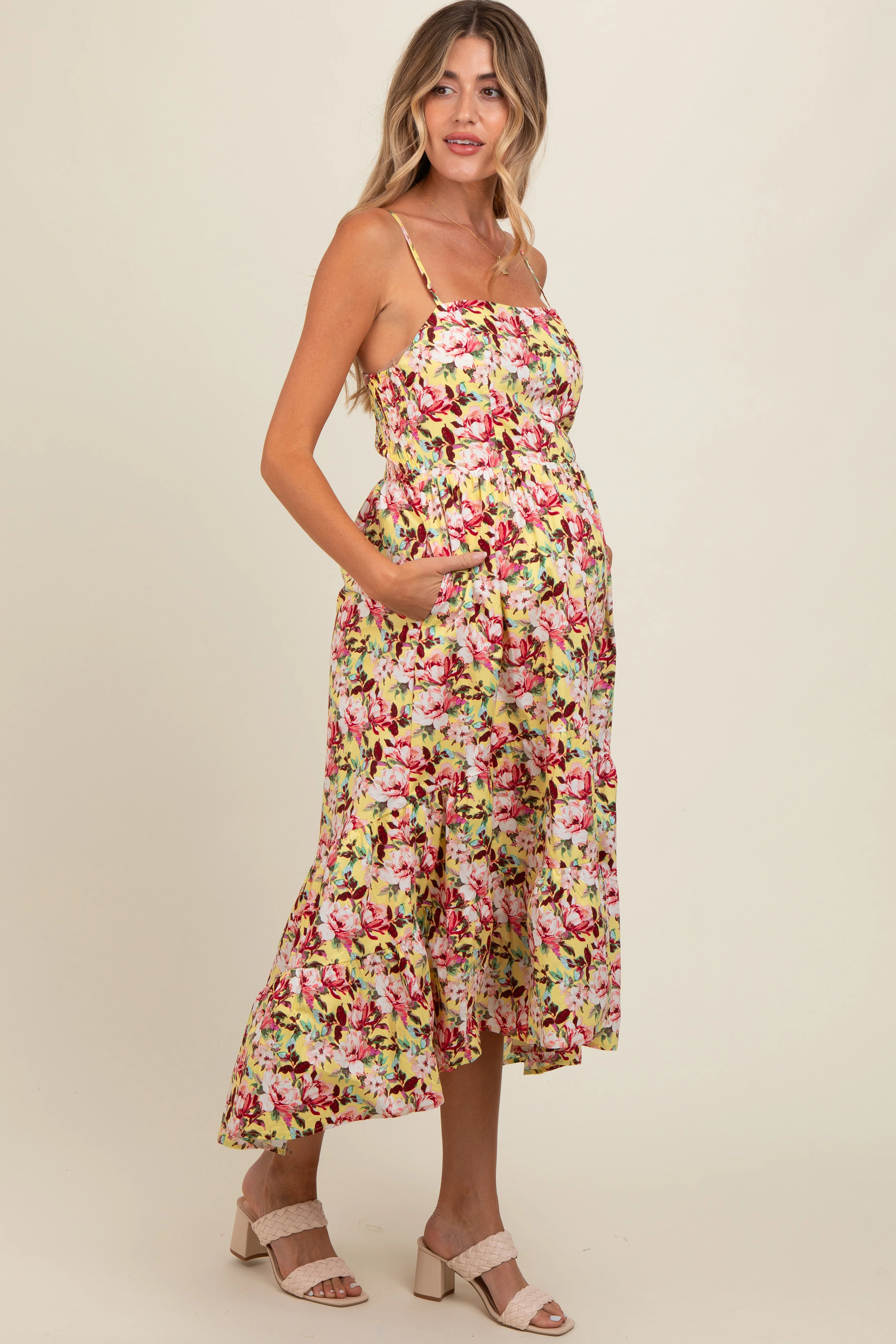 Yellow Floral Tiered Hi-Low Maternity Midi Dress - Image 3