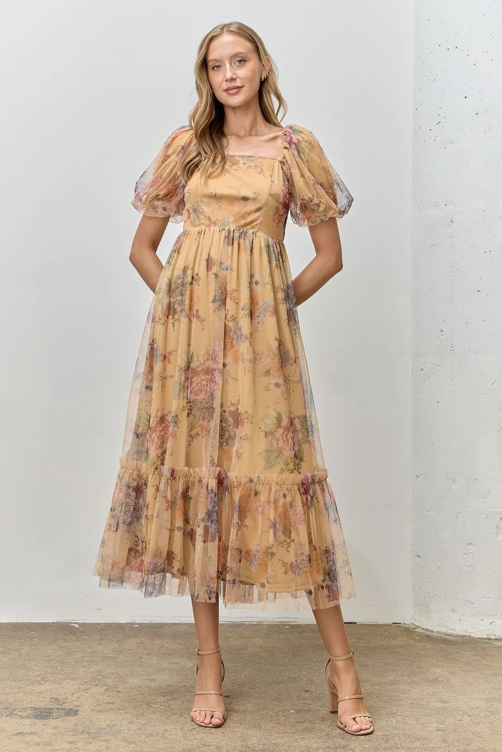 Yellow Floral Tulle Puff Sleeve Maternity Midi Dress - Image 5