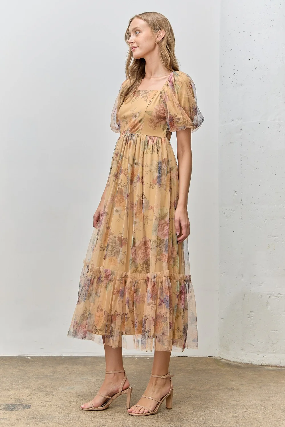 Yellow Floral Tulle Puff Sleeve Midi Dress - Image 2