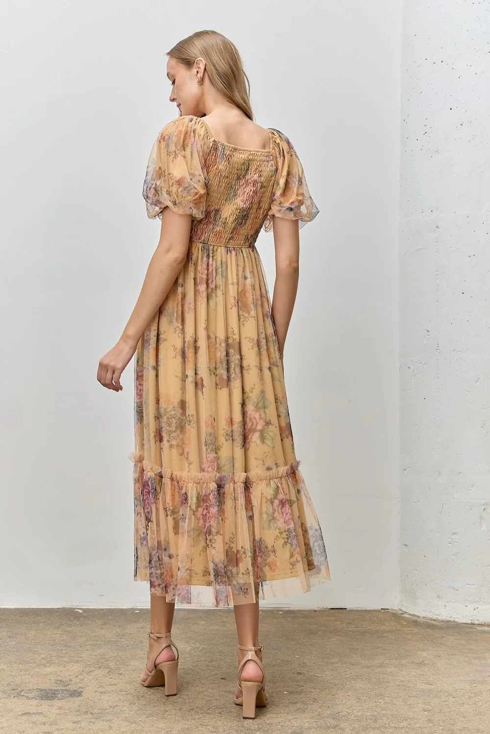 Yellow Floral Tulle Puff Sleeve Midi Dress - Image 3