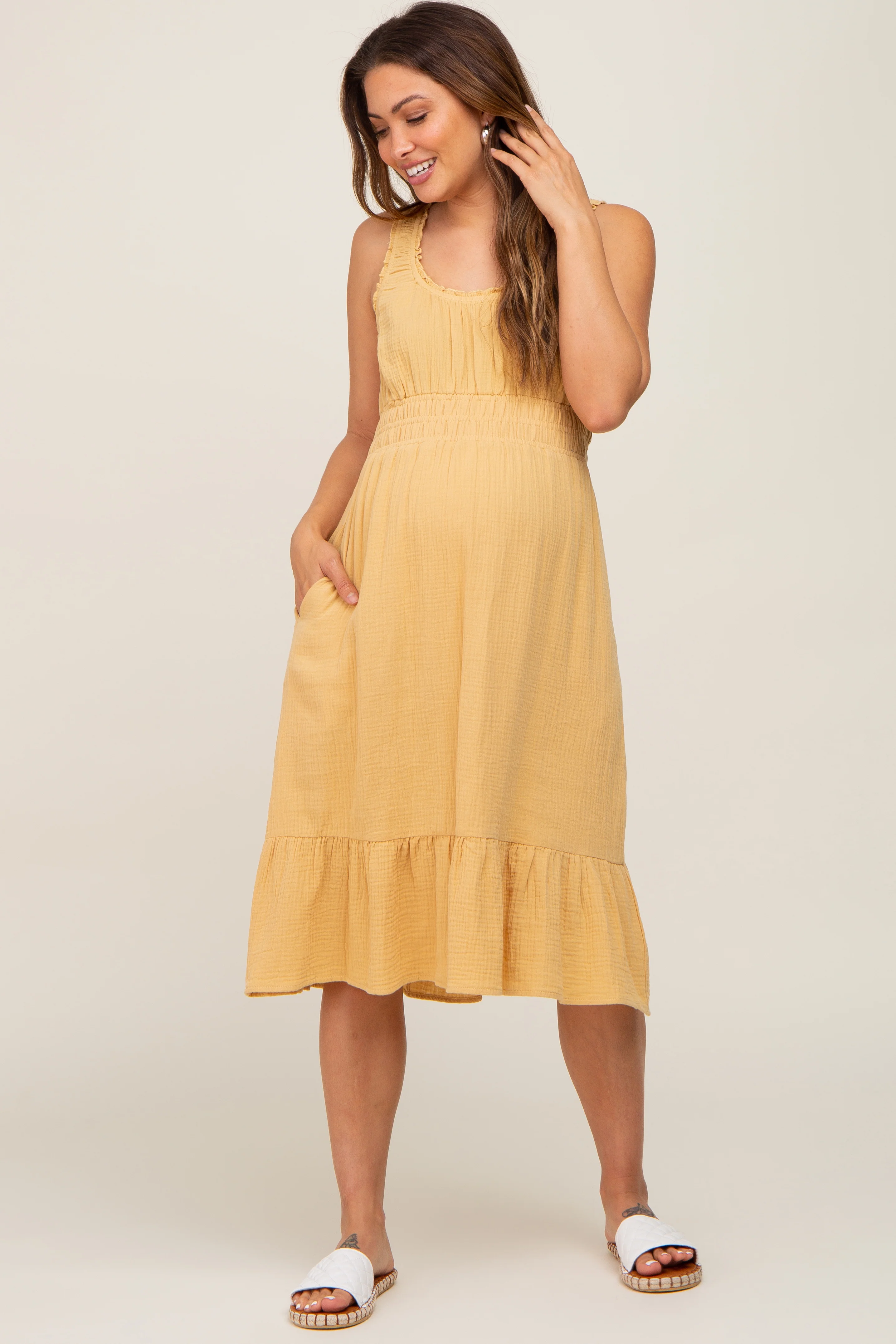 Yellow Gauze Smocked Waist Lettuce Trim Maternity Midi Dress - Image 4