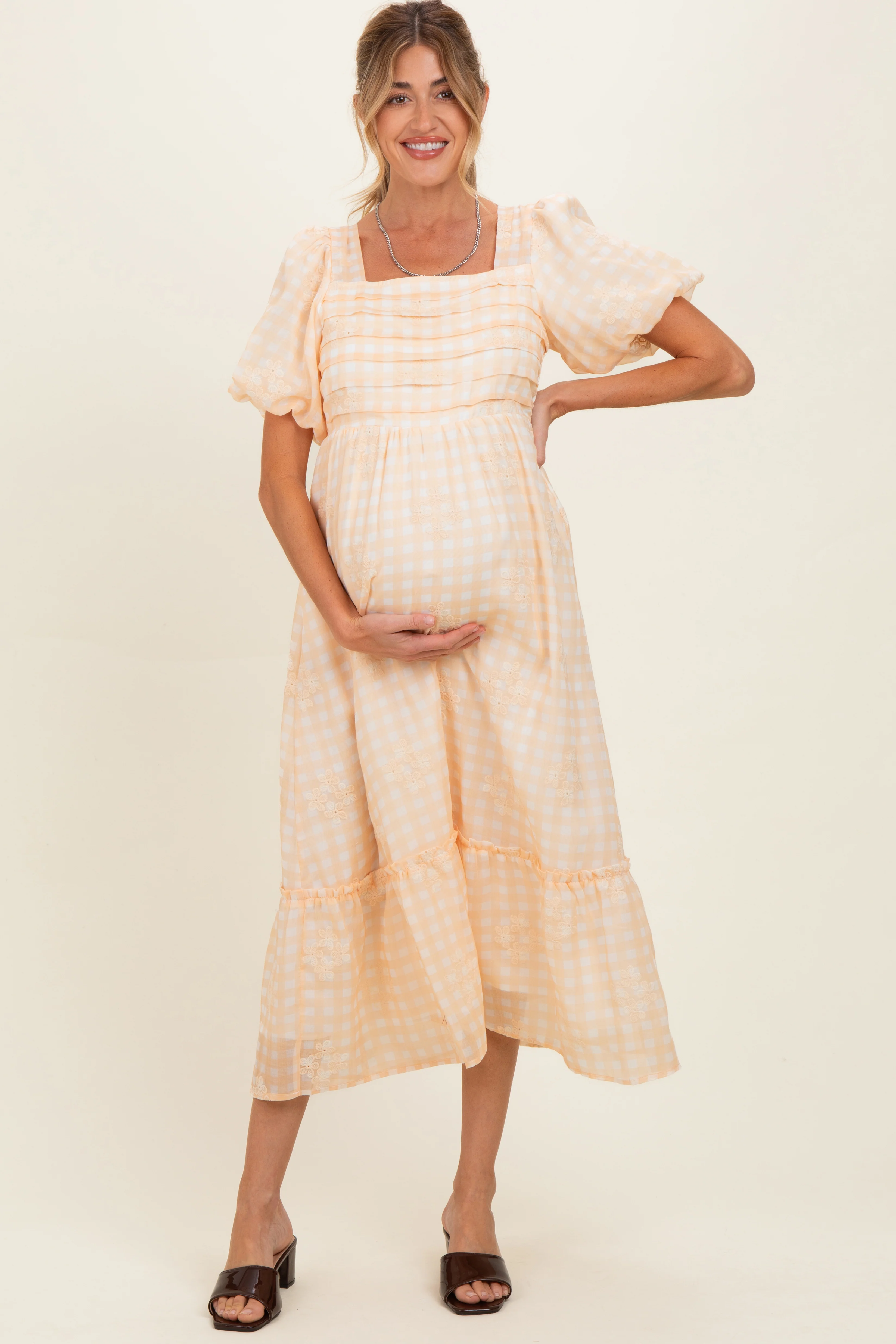 Yellow Gingham Pleated Square Neck Maternity Midi Dress