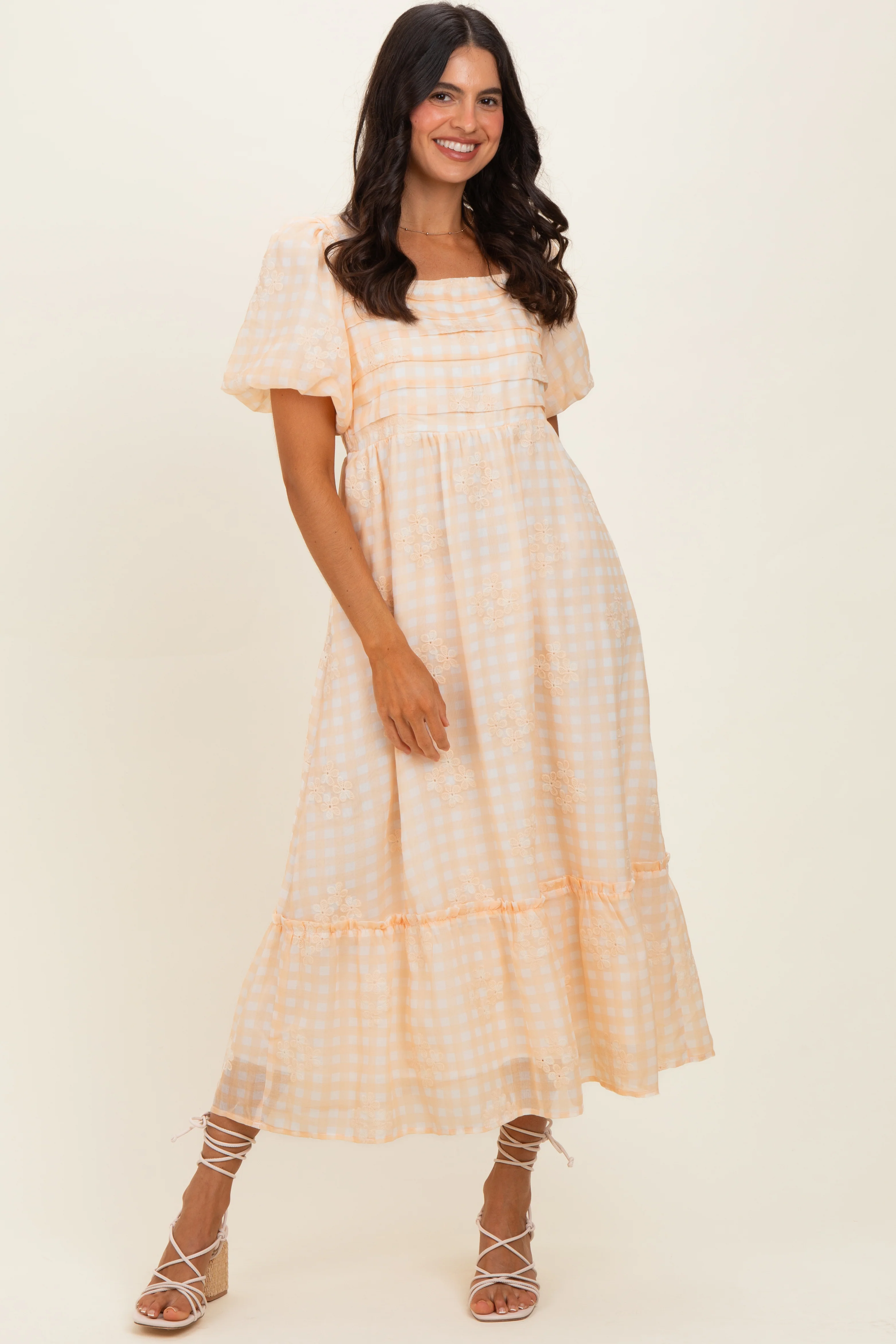 Yellow Gingham Pleated Square Neck Maternity Midi Dress - Image 4