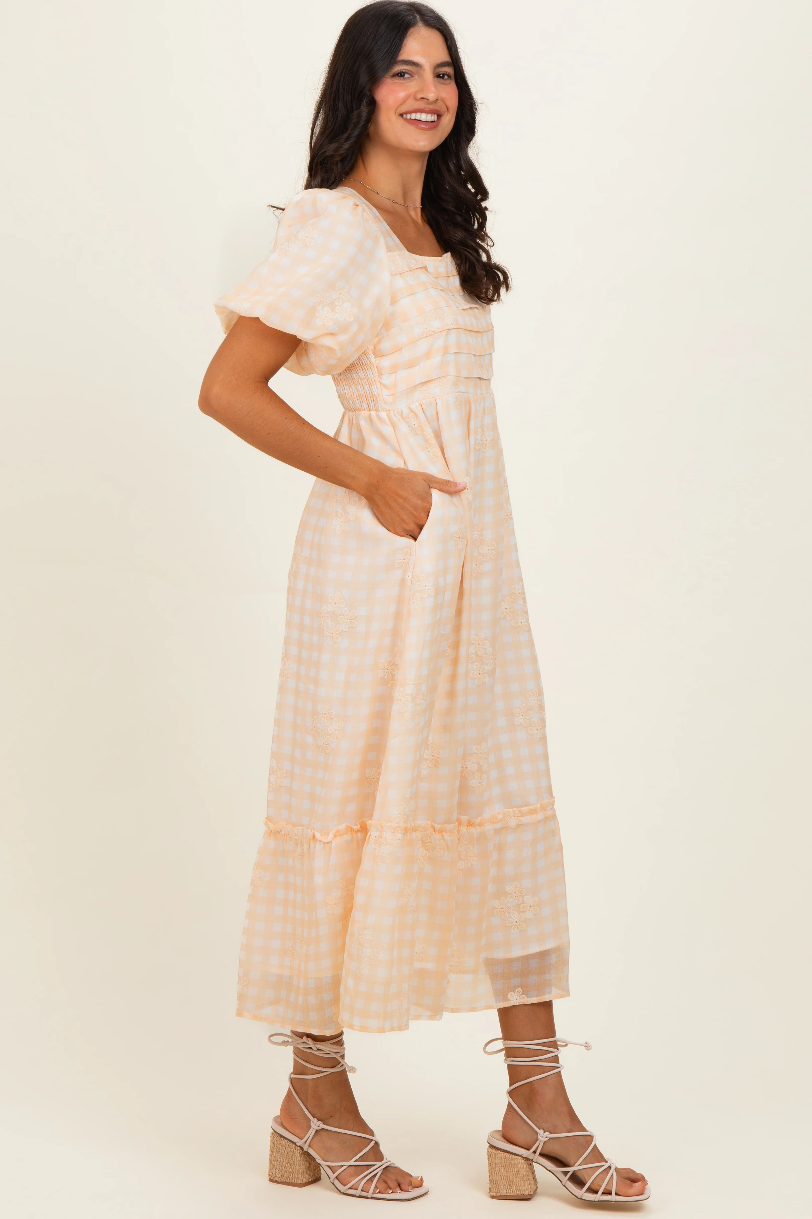Yellow Gingham Pleated Square Neck Midi Dress - Image 3