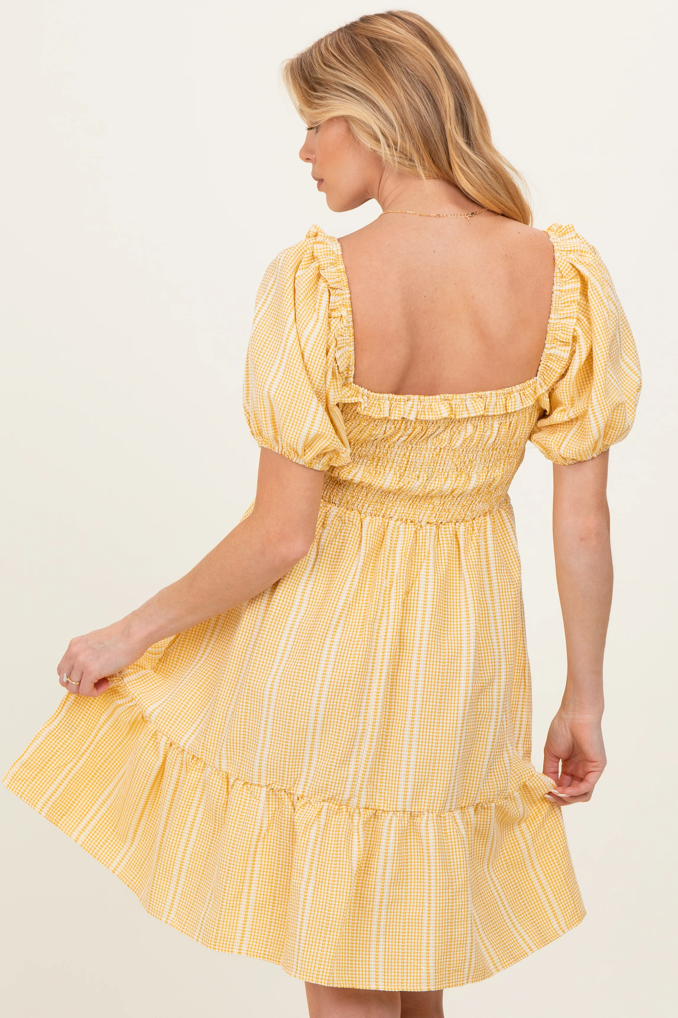 Yellow Gingham Smocked Ruffled Puff Sleeve Maternity Dress - Image 4