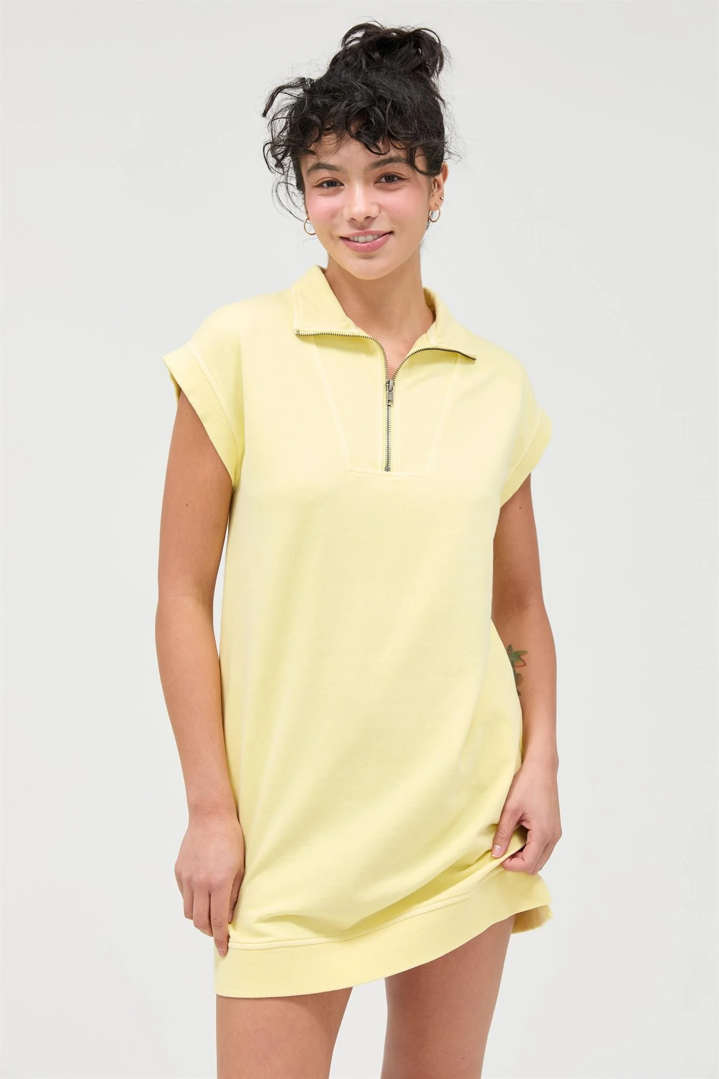 Yellow Half Zip Up Mock Neck Maternity Mini Dress - Image 5