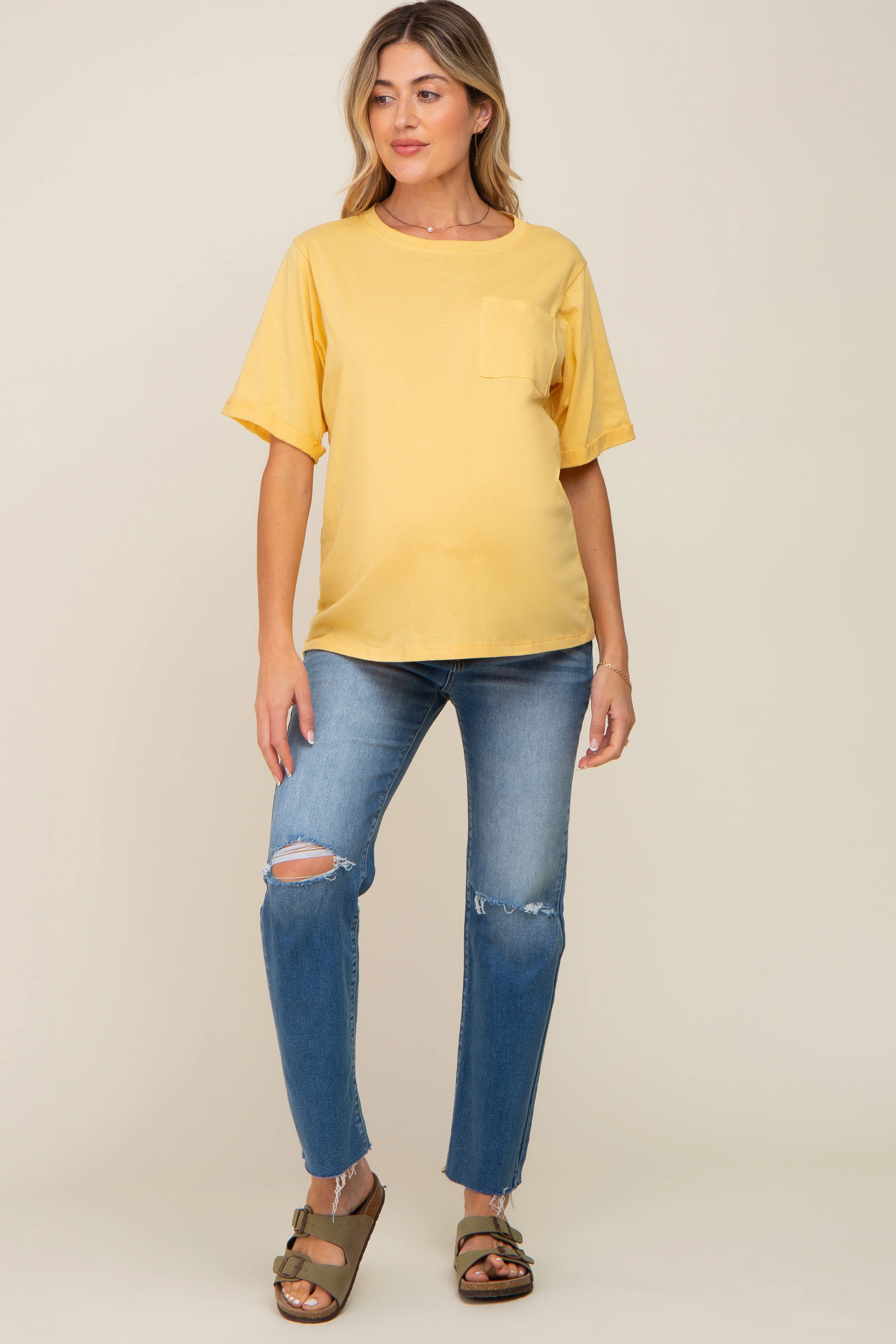 Yellow Oversized Pocket Front Short Sleeve Maternity Top - Image 4