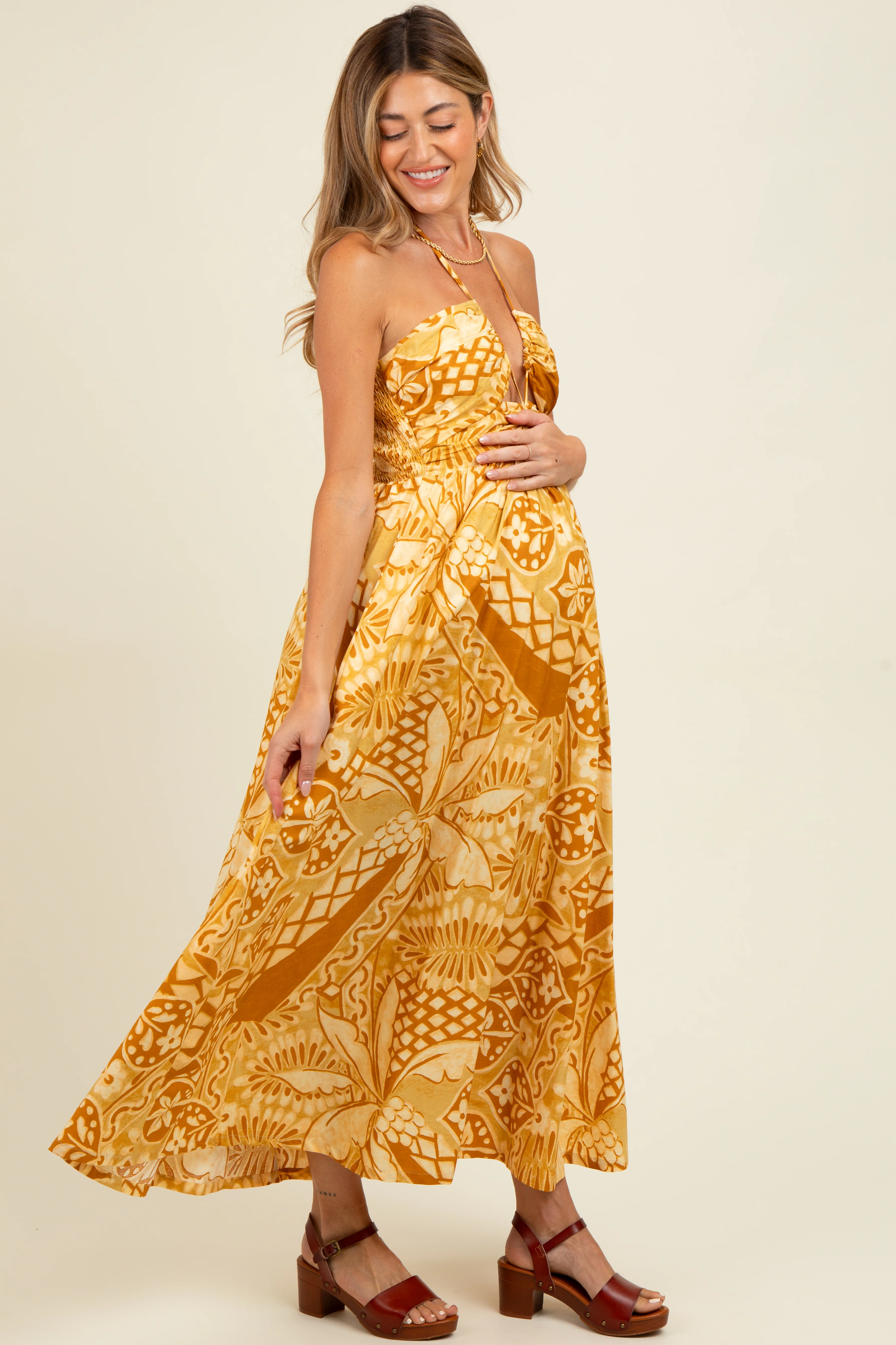 Yellow Printed Cutout Halter Maternity Maxi Dress - Image 3