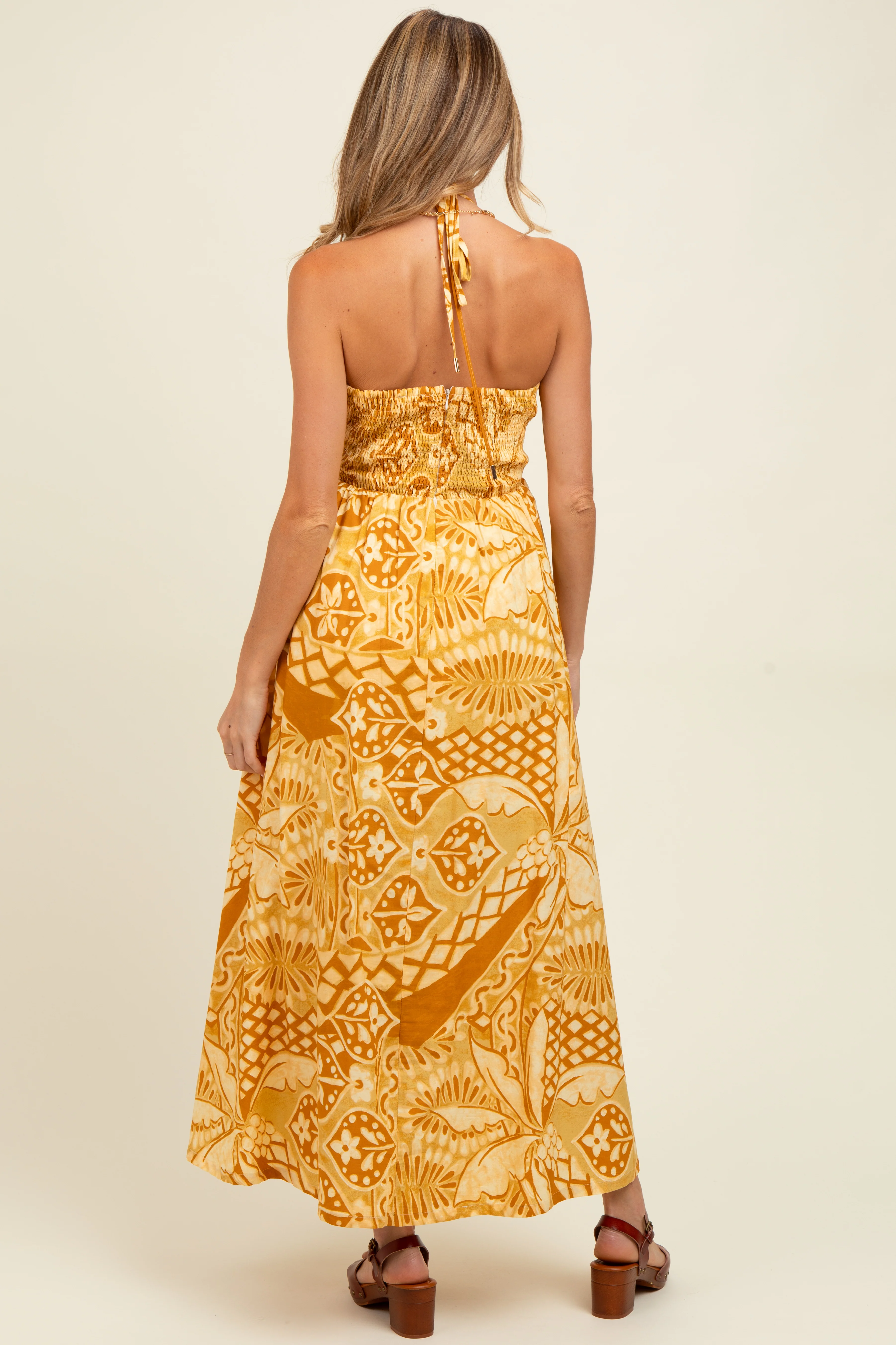 Yellow Printed Cutout Halter Maternity Maxi Dress - Image 4