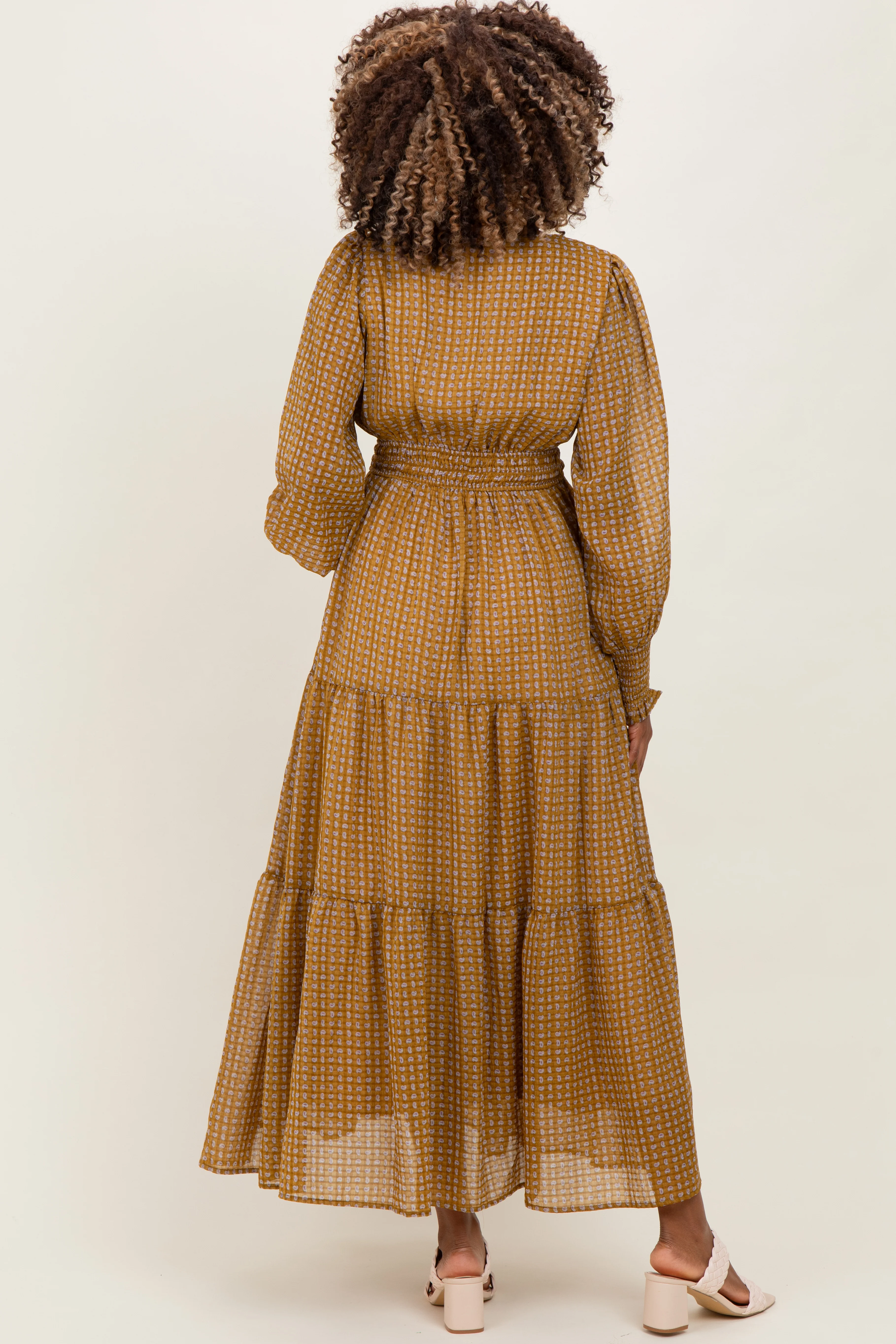 Yellow Printed Smocked Waist Tiered Maternity Maxi Dress - Image 3