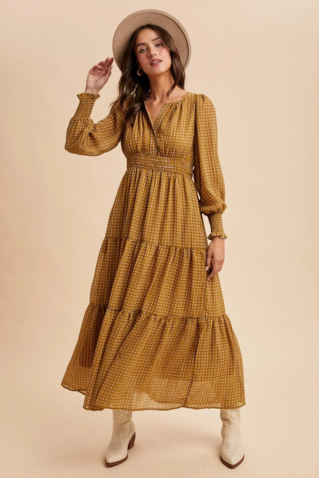 Yellow Printed Smocked Waist Tiered Maxi Dress - Image 3