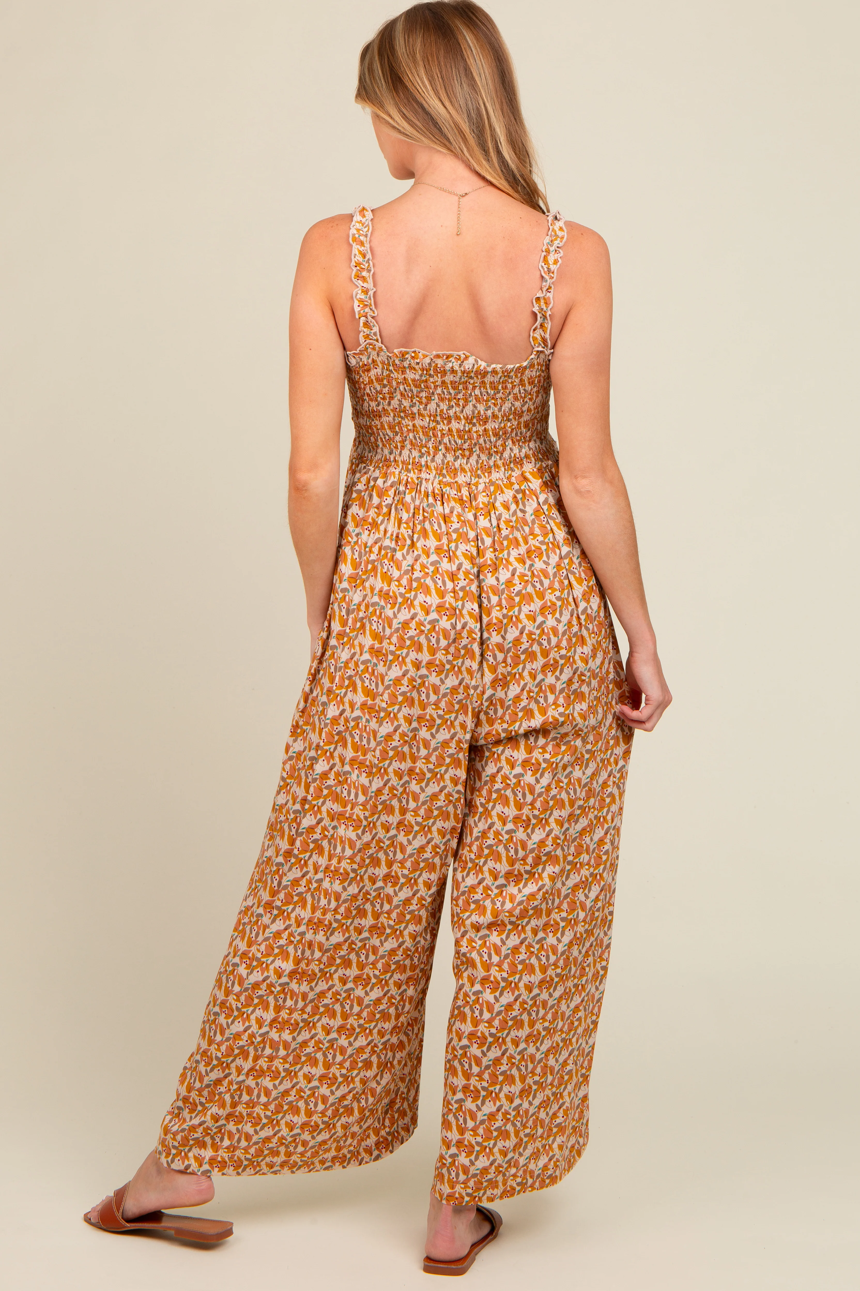 Yellow Printed Smocked Wide Leg Maternity Jumpsuit - Image 4