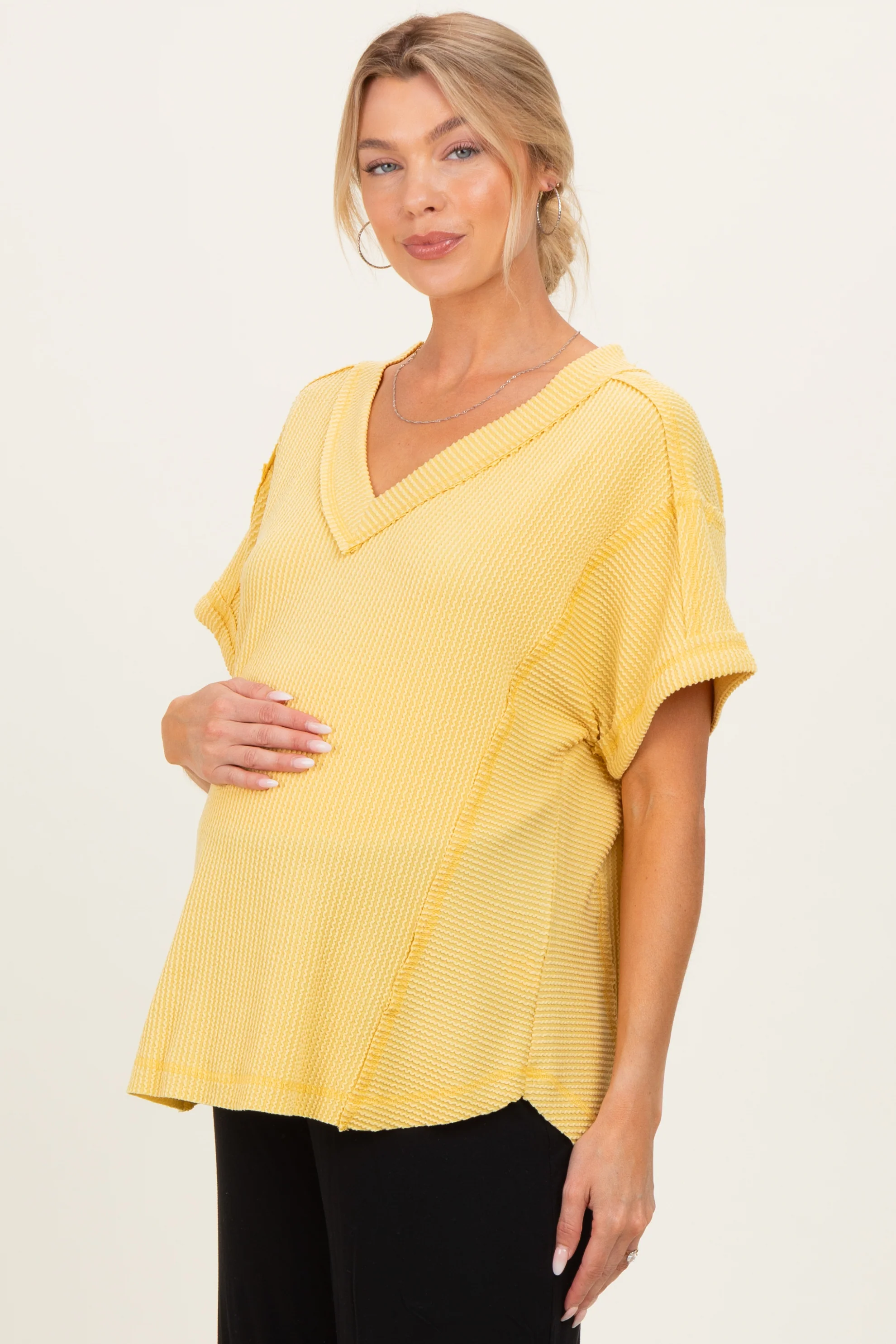 Yellow Ribbed Raw Hem Maternity Short Sleeve Top - Image 3