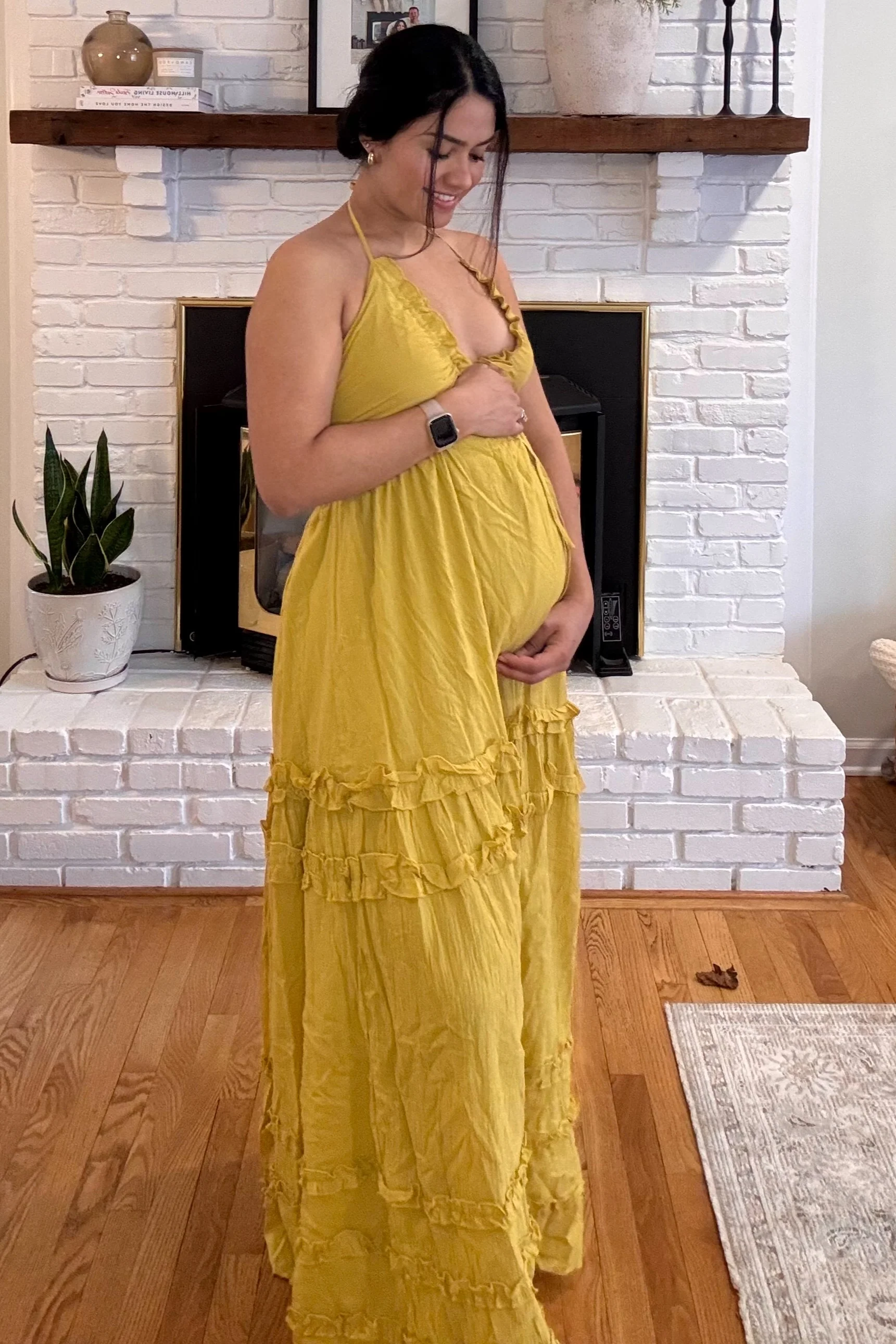 Yellow Ruffle Ruched Deep V-Neck Maternity Maxi Dress - Image 4