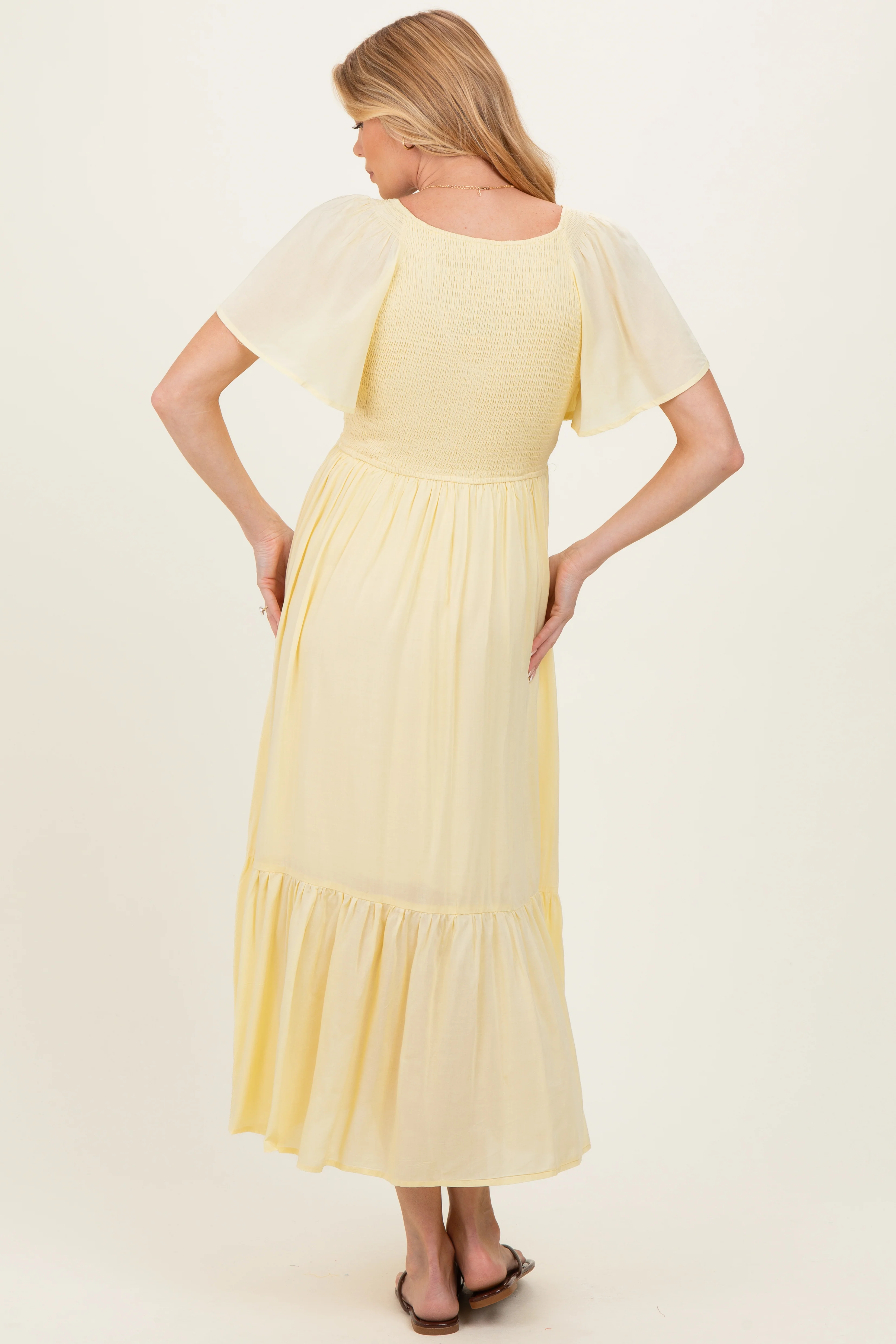 Yellow Smocked Maternity Midi Dress - Image 4