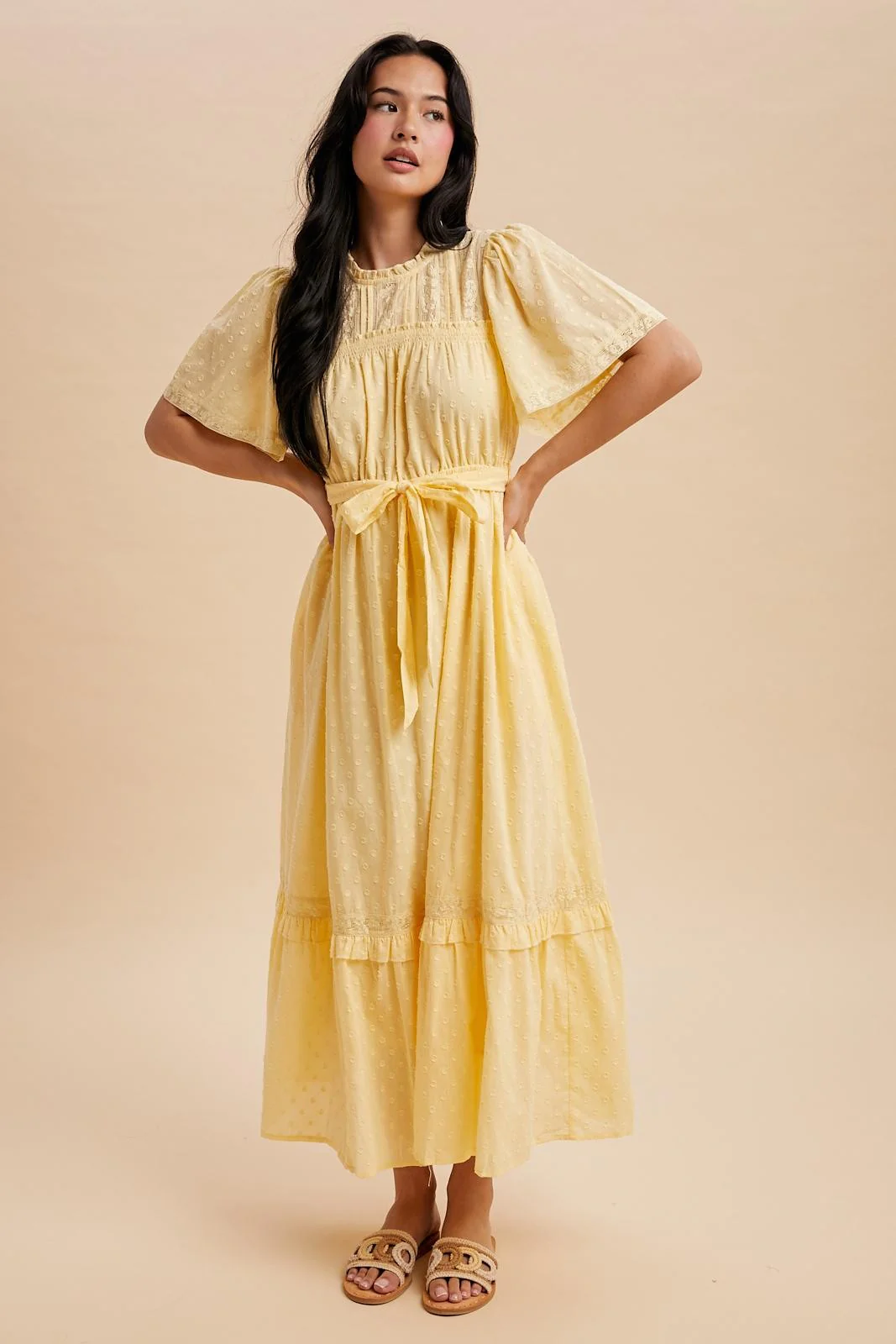 Yellow Swiss Dot Flutter Sleeve Maxi Dress - Image 3