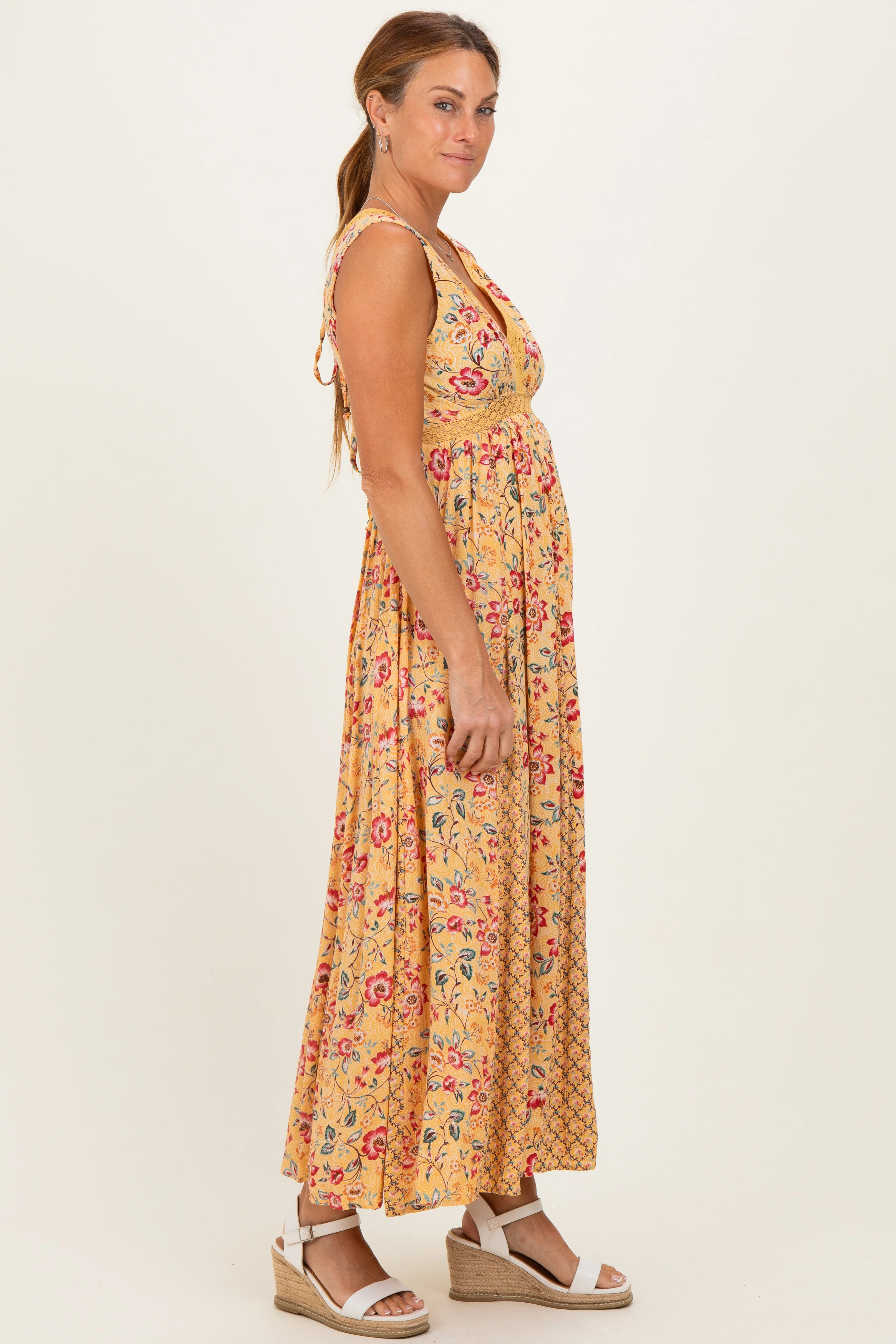 Yellow V Neck Lace Trim Twin Print Maxi Tank Dress - Image 3