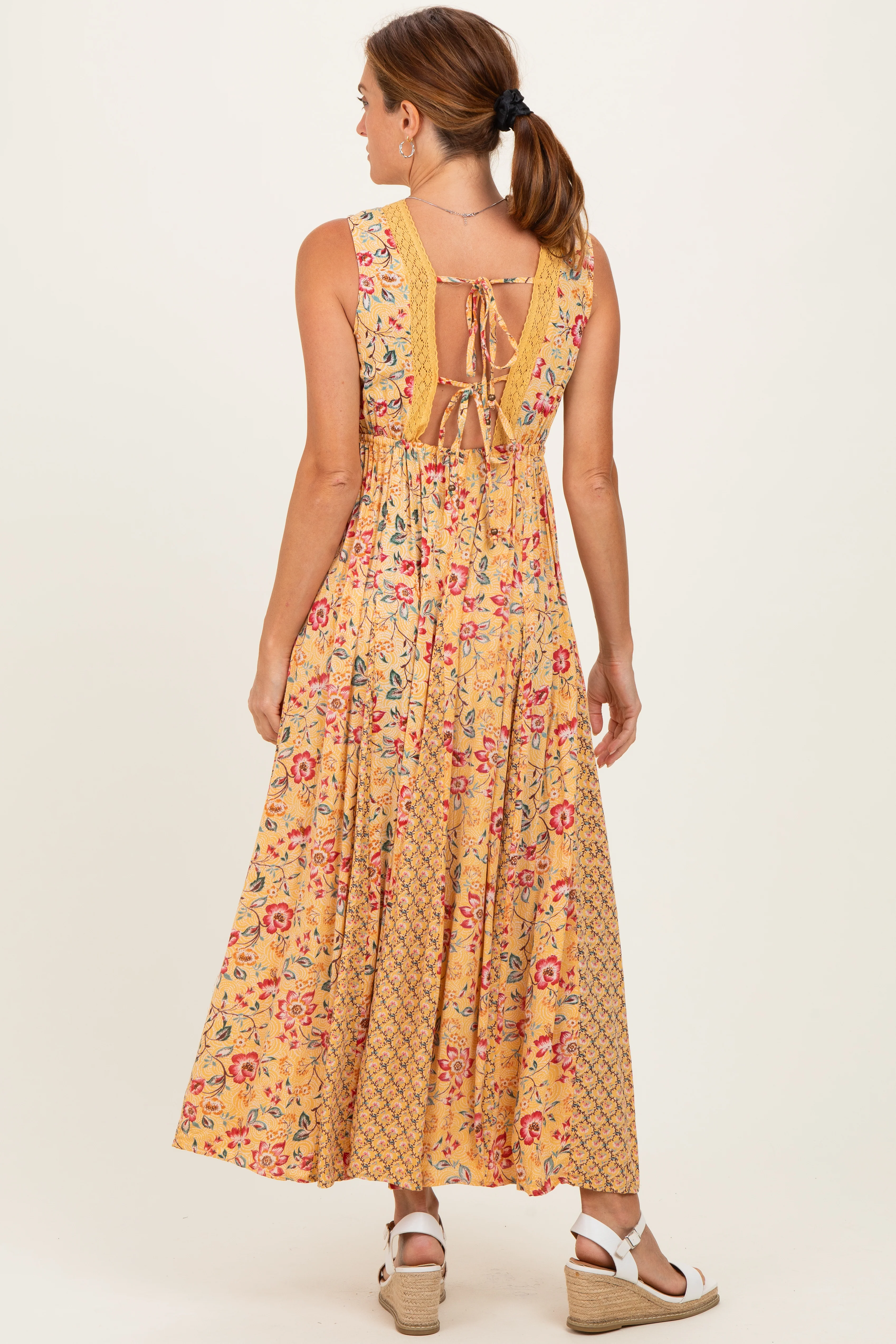 Yellow V Neck Lace Trim Twin Print Maxi Tank Dress - Image 4